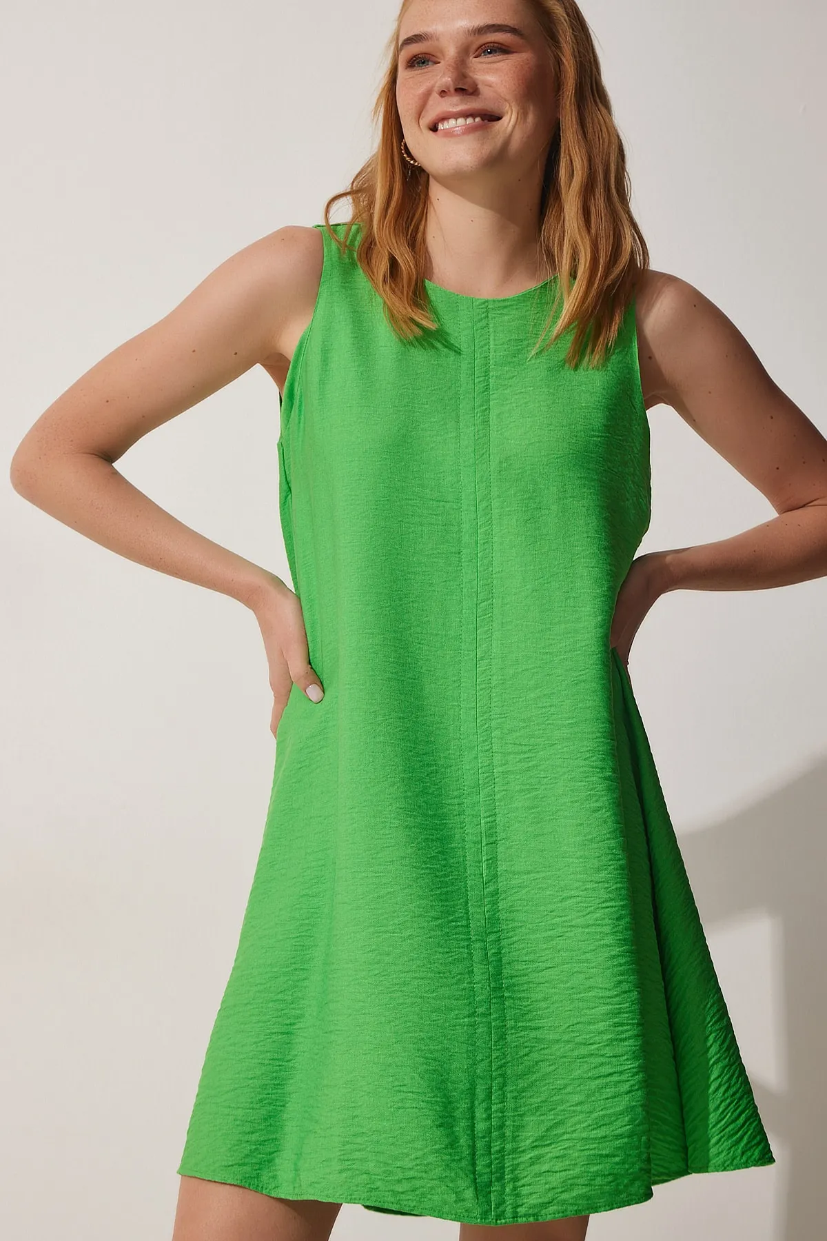 Happiness İstanbul  Vivid Green Summer Woven A-Linienkleid BF00067 für Damen
