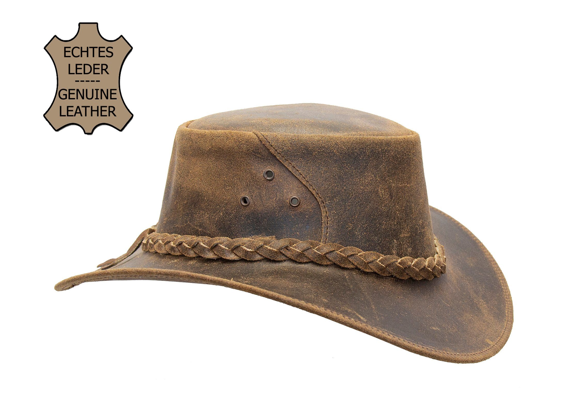 Outbacker Cowboyhut Lederhut aus Rindsleder allwettertauglich mit biegsamer Krempe