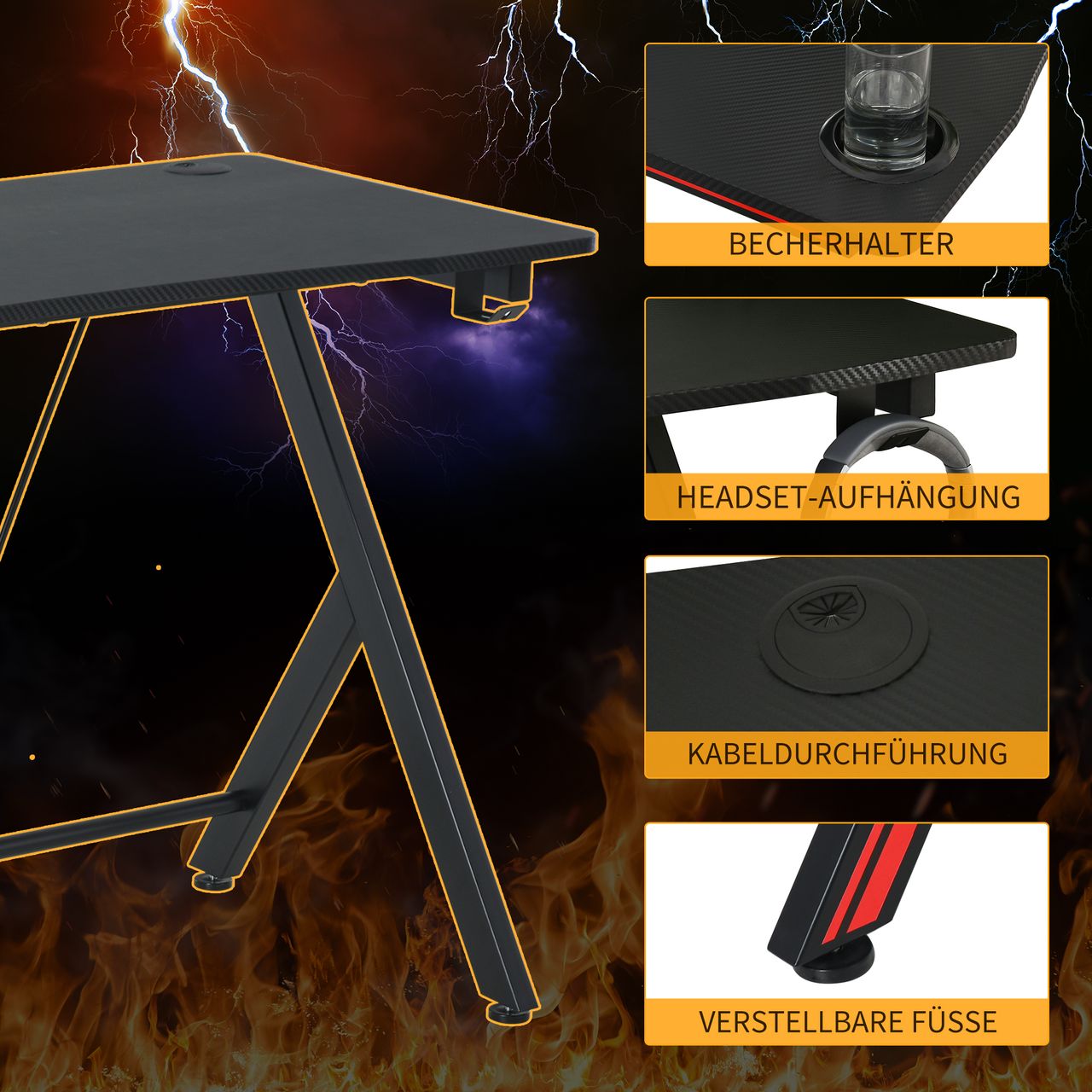 HOMCOM Gaming-Tisch Schreibtisch mit Kopfhörerhaken Getränkehalterung Computertisch Stahl   MDF Schwarz 105 x 55 x 75 cm