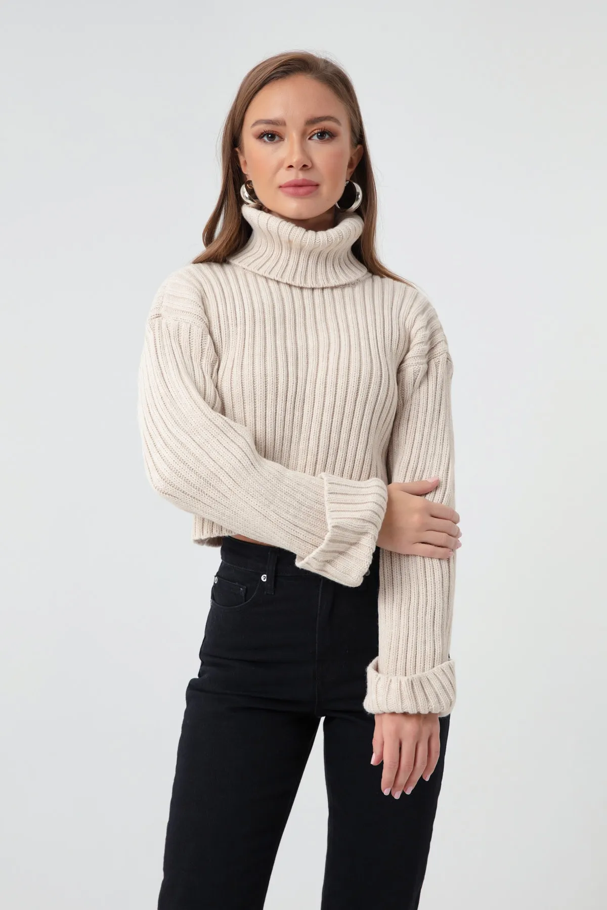Lafaba  Breiter, gerippter Rollkragen-Strickpullover für Damen in Steinoptik