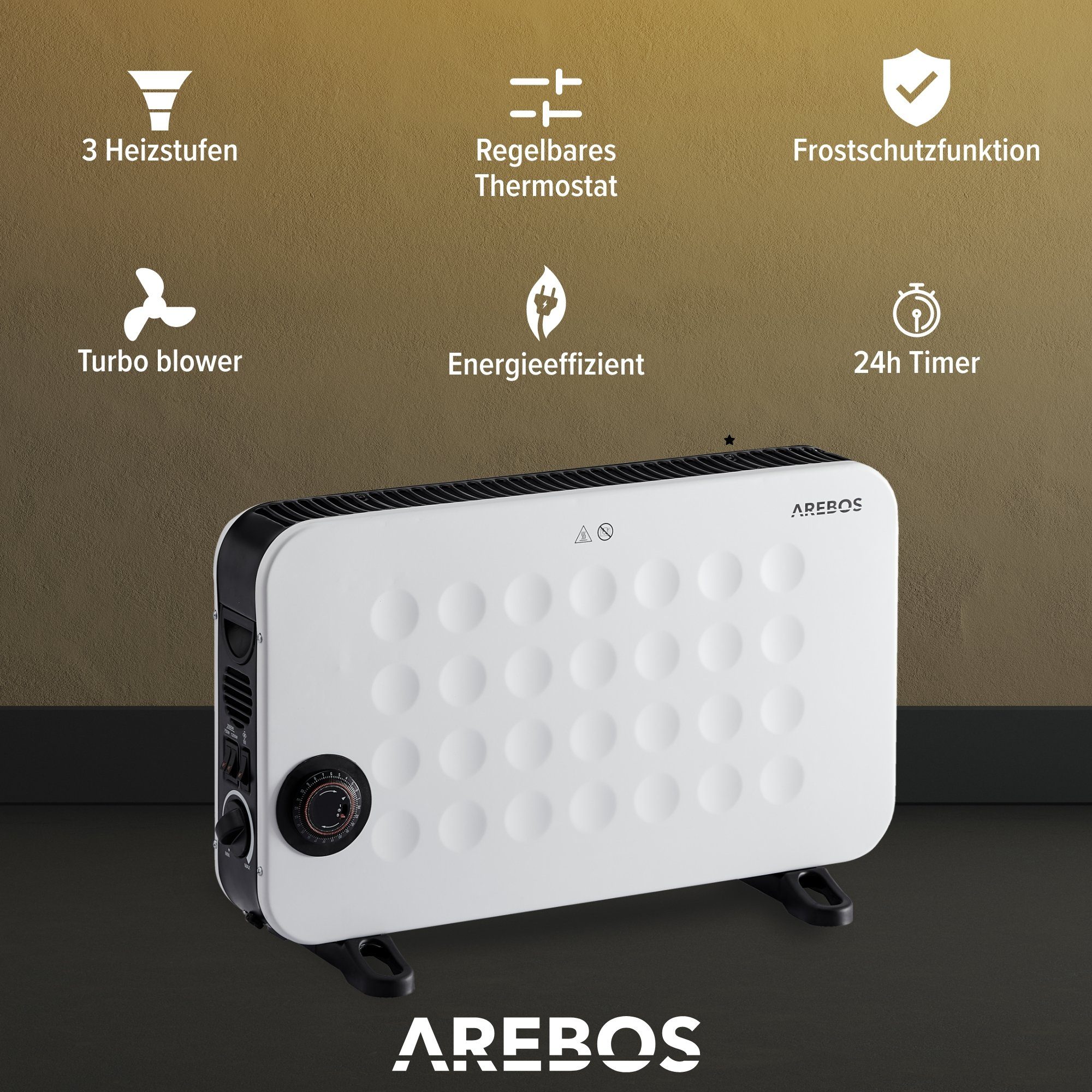 Arebos Konvektor Elektroheizung mit 3 Heizstufen, leise Heizung, schwarz oder weiss
