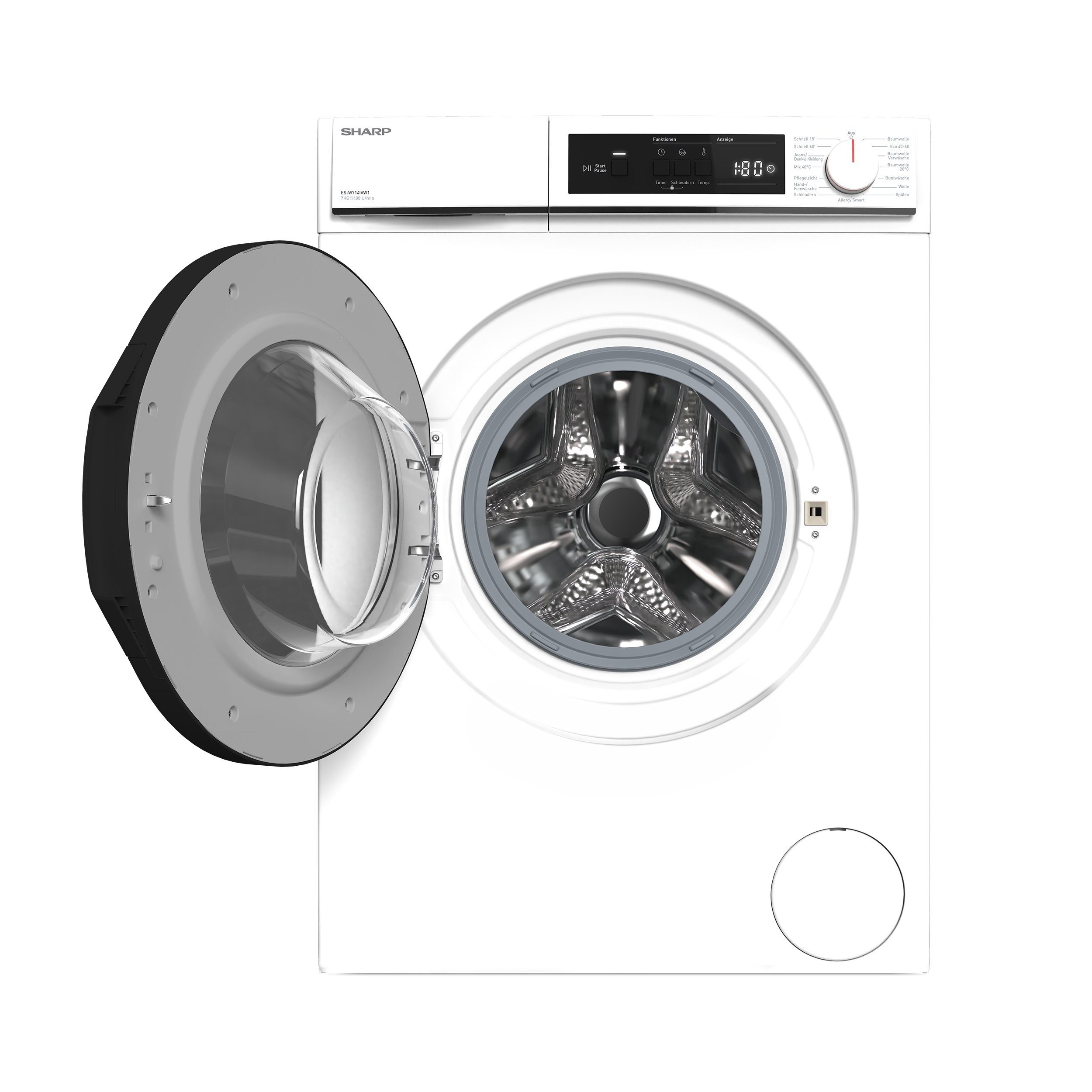 Sharp Waschmaschine ES-W714IAW1-DE, 7 kg, 1400 U/min, Inverter Motor, AquaStop, Überlaufschutz, LED-Diplay, 15 Programme