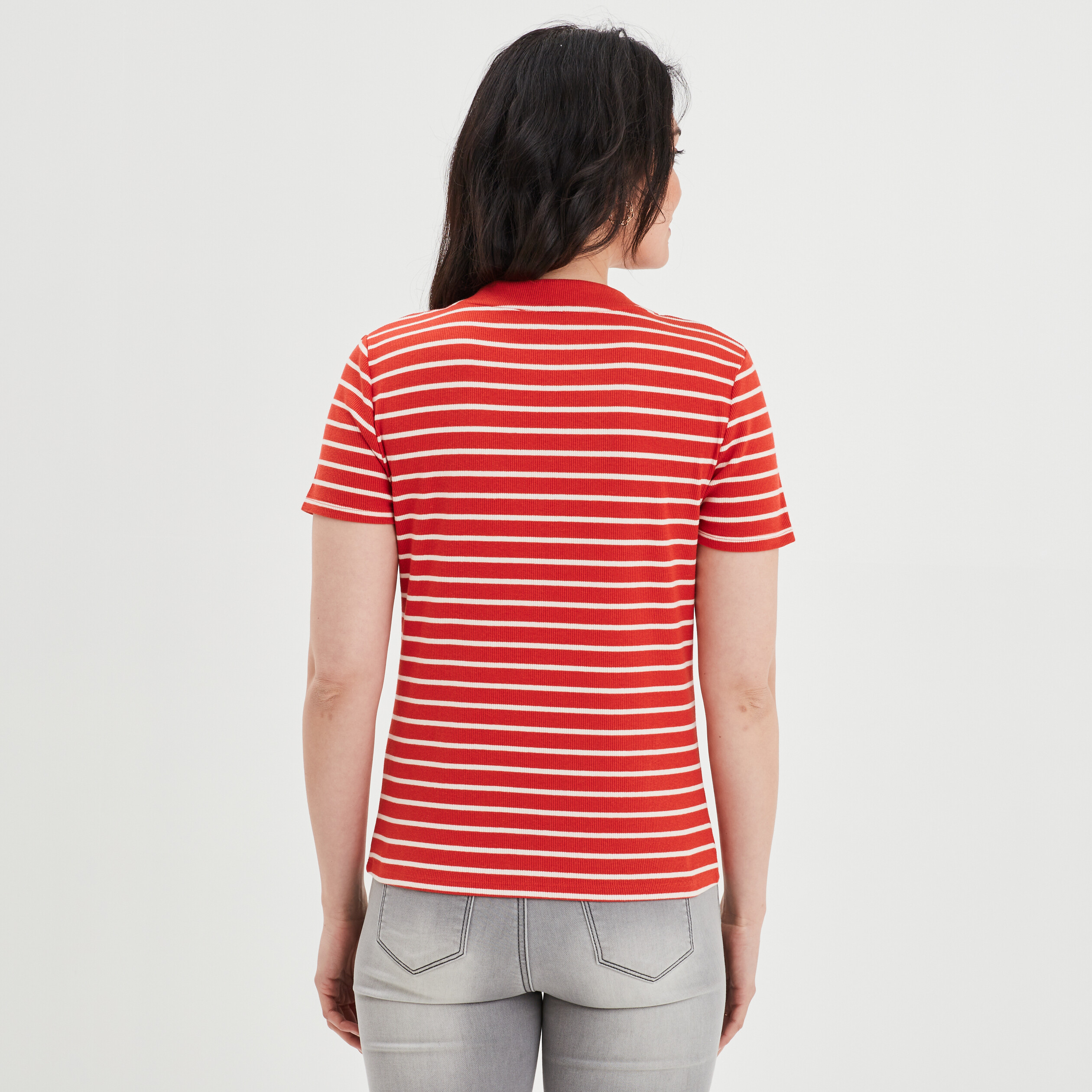 T-shirt côtelé col tunisien rouge femme | La Halle