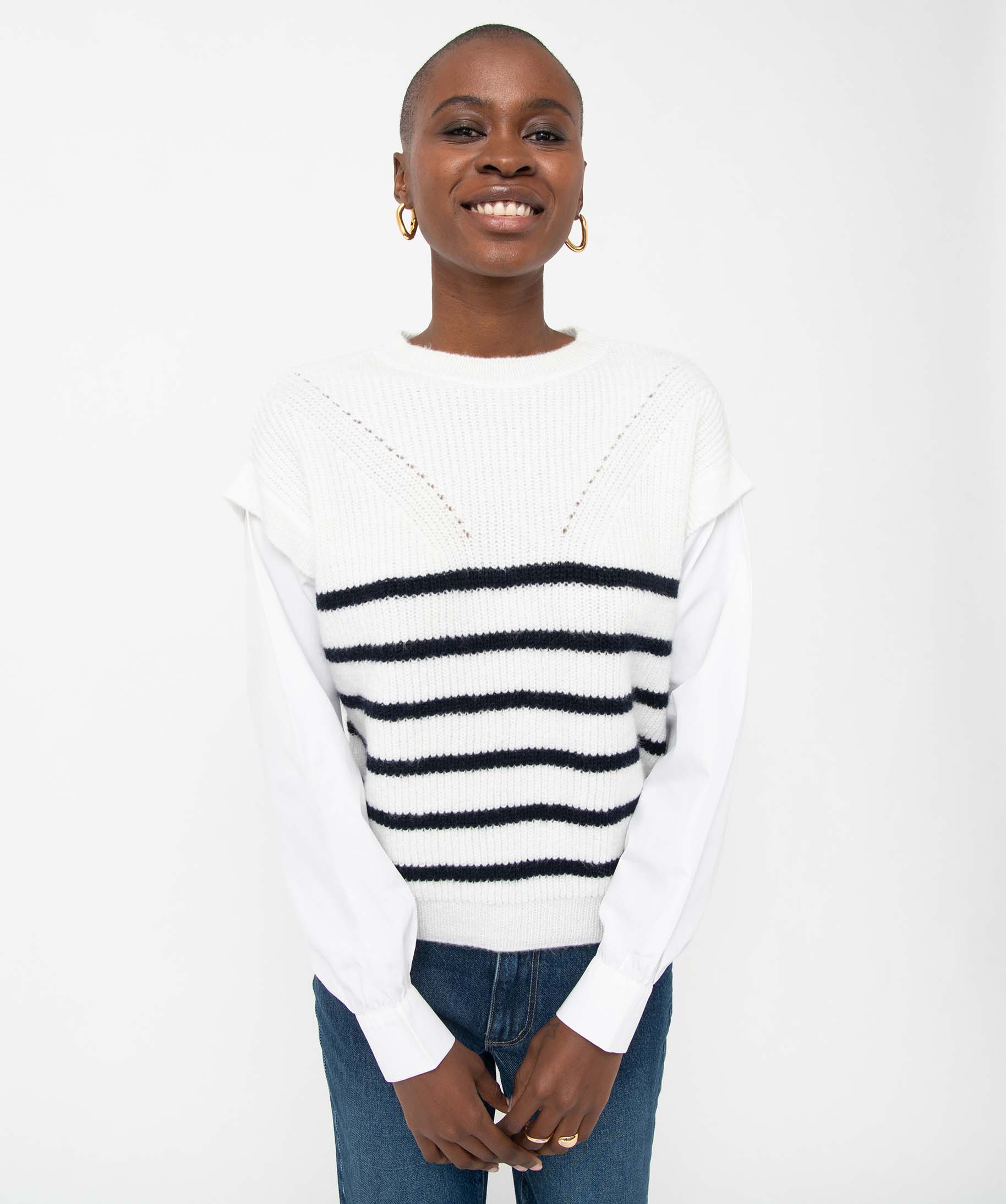 Pull femme rayé avec manches de chemise intégrées raye | GEMO