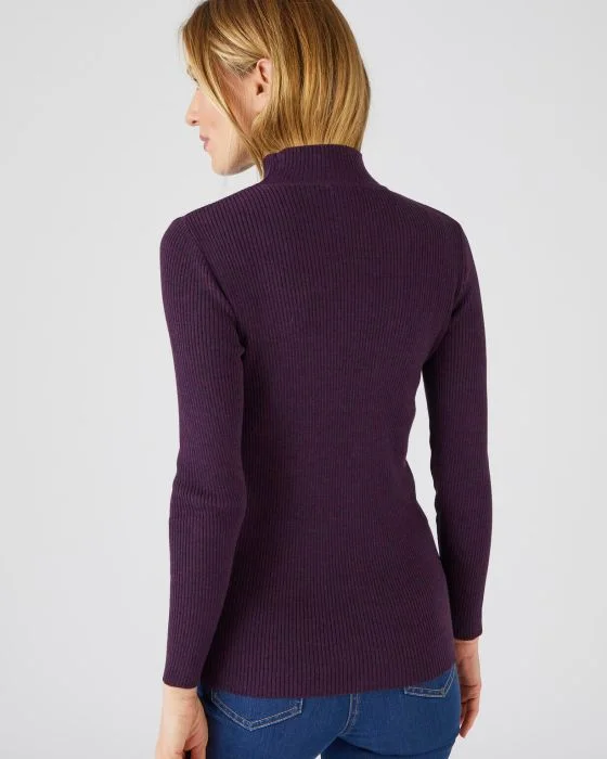 Pull col montant, 50% laine mérinos, uni et rayé