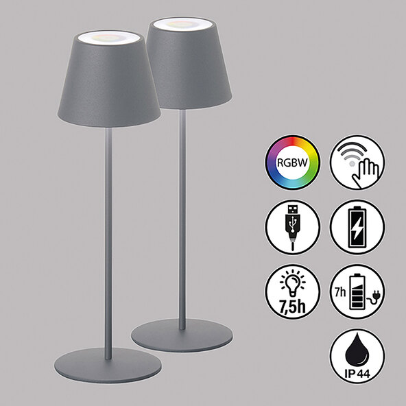 LED Akku-Tischleuchte Cosenza mit RGB-Farbwechsel, 2er Set