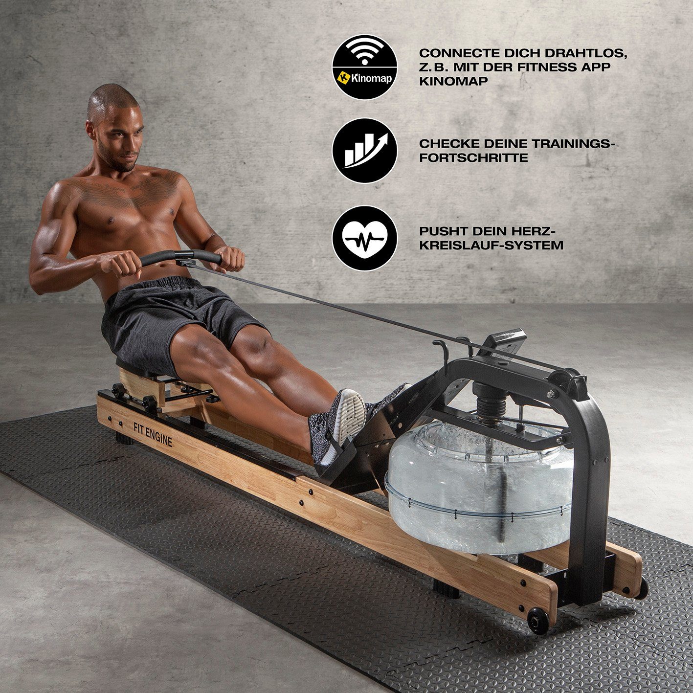 FitEngine Rudergerät Wasserwiderstand Smart Holz/Schwarz 150kg