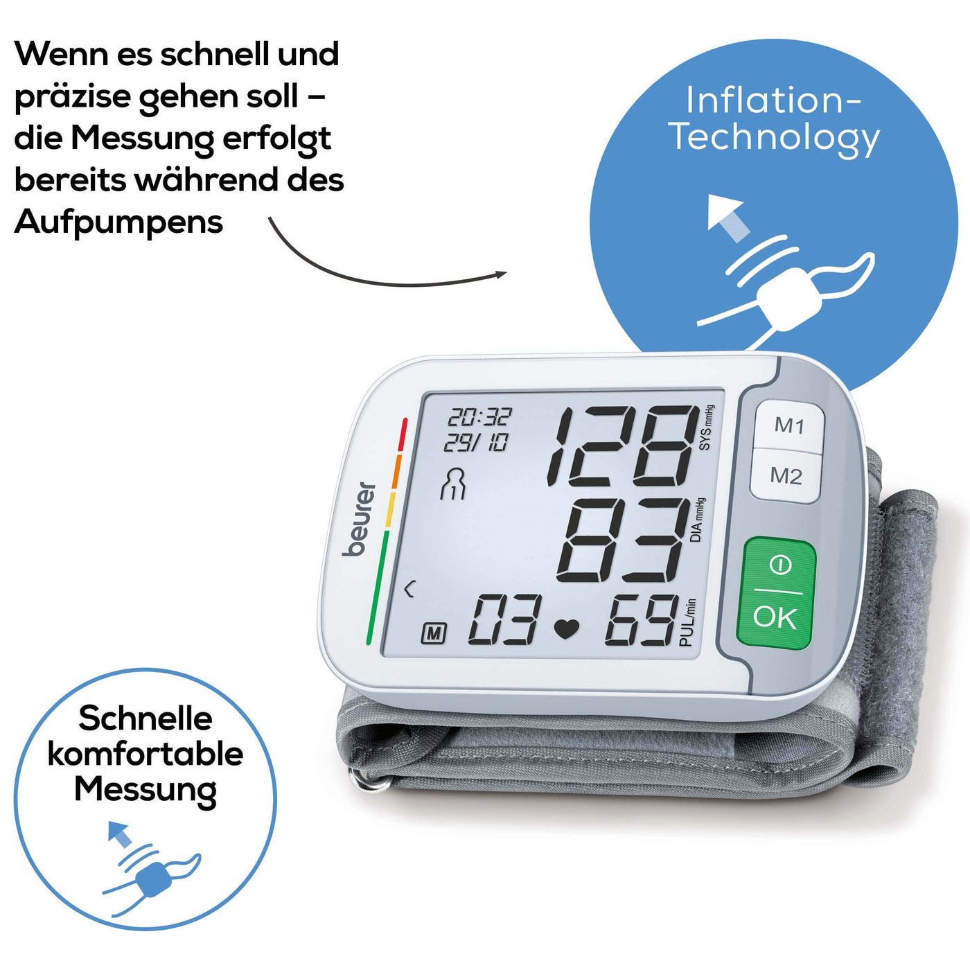 Beurer Handgelenk-Blutdruckmessgerät BC 51-Handgelenk-Blutdruckmessgerät mit Positionierungsanzeige & flachem XL-Display