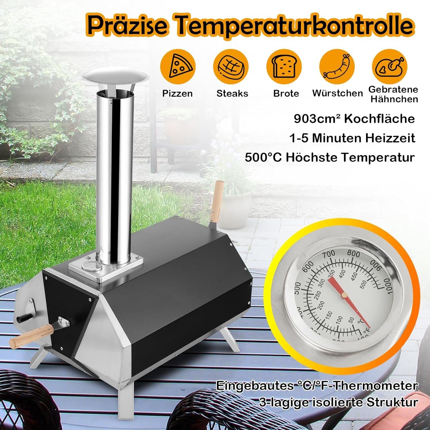 KOMFOTTEU Pizzaofen Gartenofen, mit Pizzastein, Pizzaschieber & Thermometer