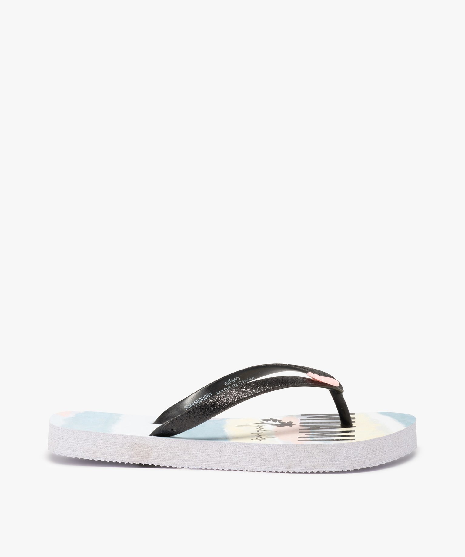 Tongs fille à semelle imprimée Miami et brides pailletées noir | GEMO