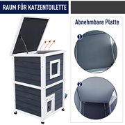 PawHut Katzenhaus 2 Etagen Katzenvilla mit Treppen Asphaltdach Tannenholz Grau