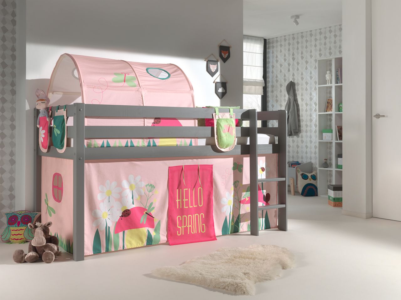 VIPACK Spielbett Pino mit Textilset Vorhang, Tunnel und 3 Taschen 