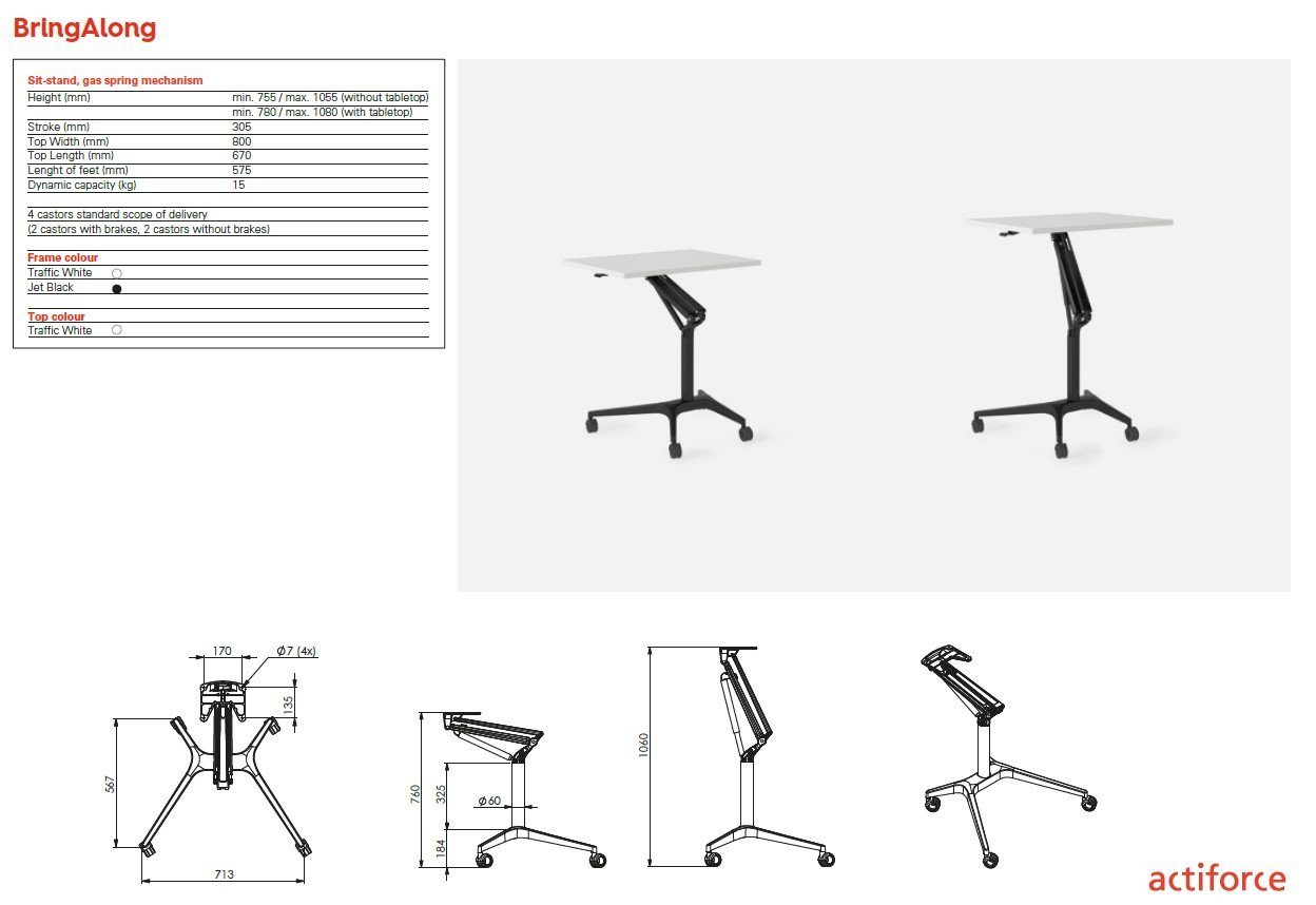 Actiforce Stehtisch BringAlong Gasfedertisch FLEXI (höhenverstellbar durch Gasfeder, ergonomischer & flexibler Schreibtisch), Tischplatte: 80*67 cm