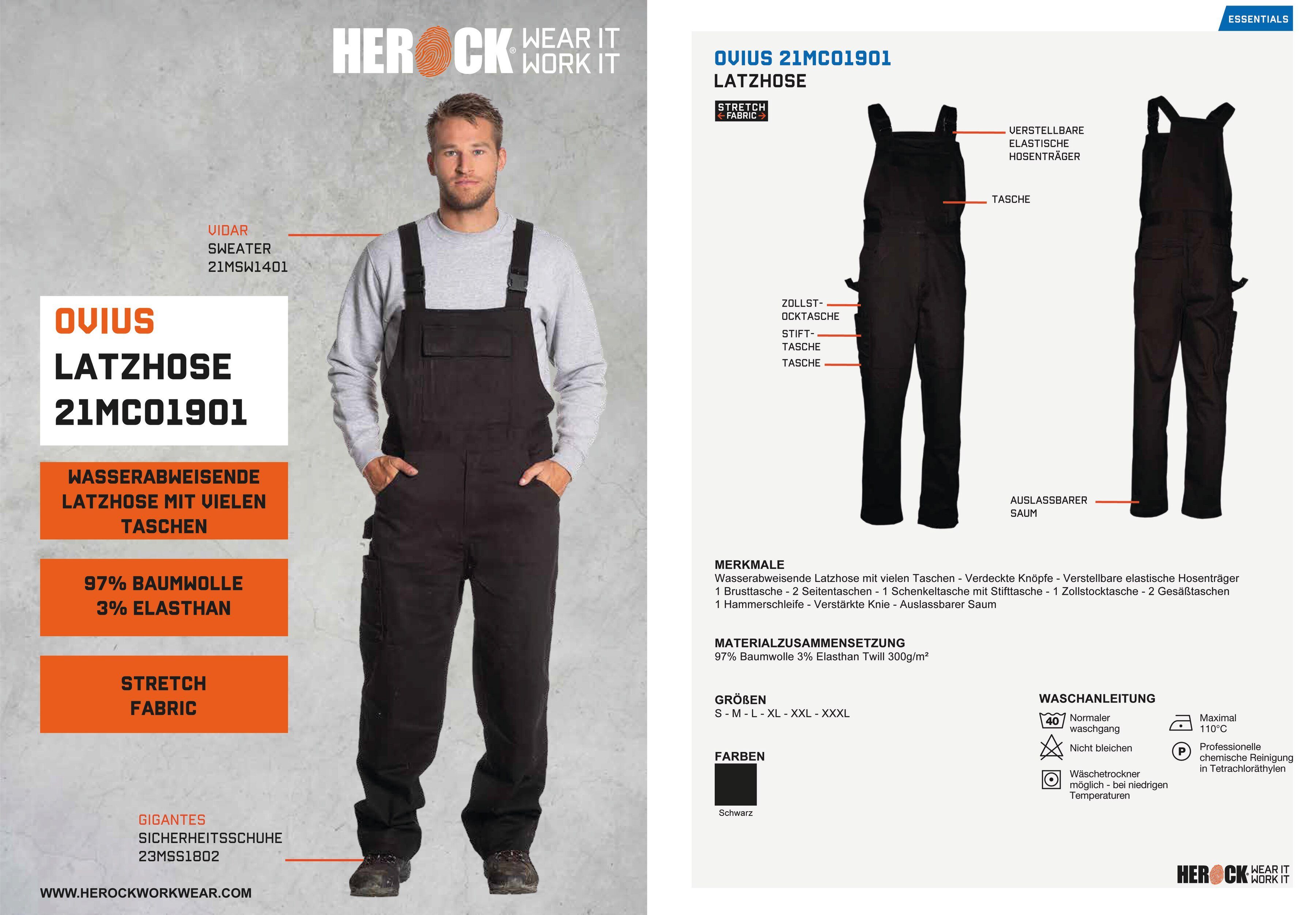 Herock Arbeitslatzhose Ovius Wasserabweisend, Stretch, verdeckte Knöpfe, viele Taschen, 1 Schleife