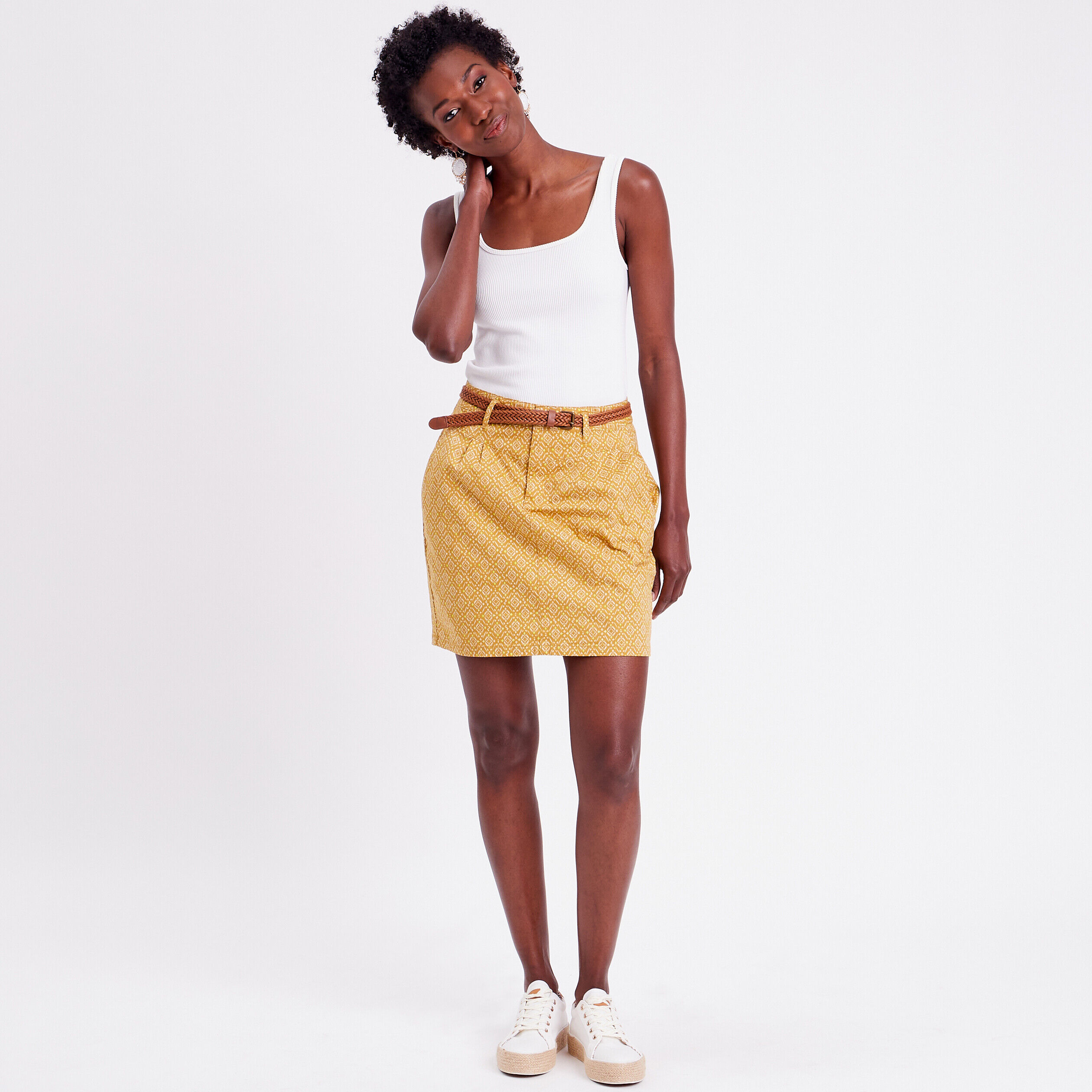 Jupe chino droite ceinturée jaune moutarde femme | Cache Cache