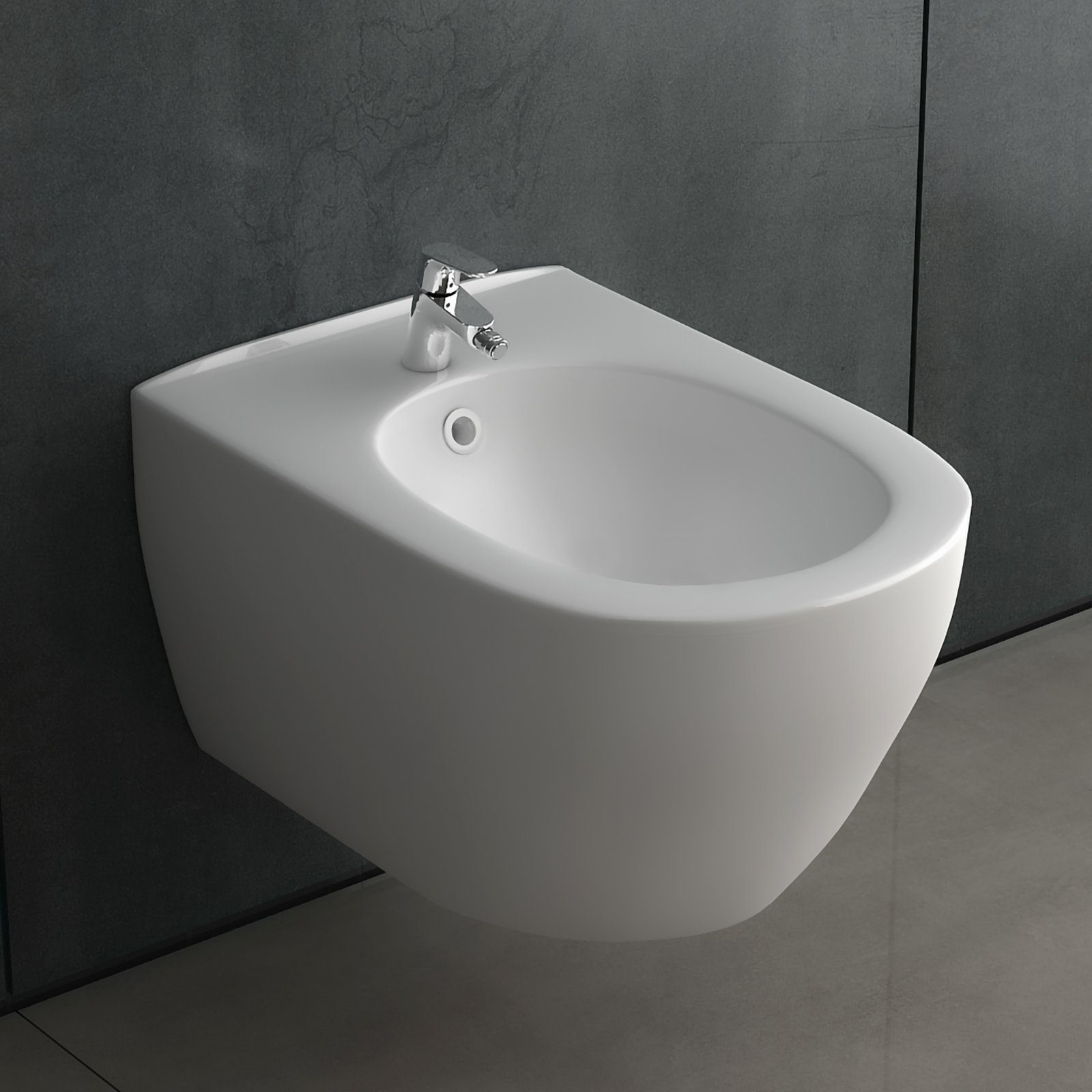 Alpenberger Bidet mit Überlauf und Hahnloch - Hänge Bidet - WC Dusche Taharet Made in EU, Oval, Wandmontage, Waagerecht Abgang, 1-tlg., 1 tlg., Wand-Bidet aus Keramik