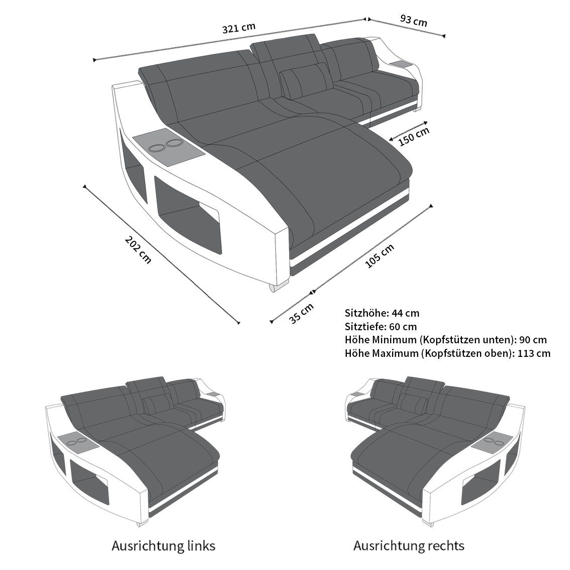 Sofa Dreams Ecksofa Ledercouch Leder Sofa Swing L Form Ledersofa, Couch, Sofa mit LED, verstellbare Kopfstützen, optional mit Schlaffunktion