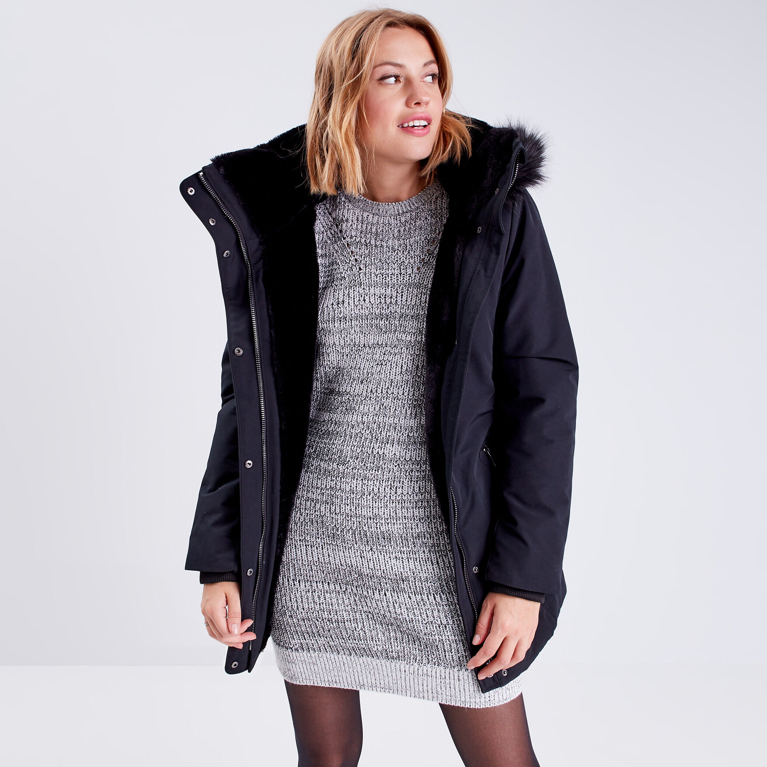 Parka droite avec capuche noir femme | Cache Cache