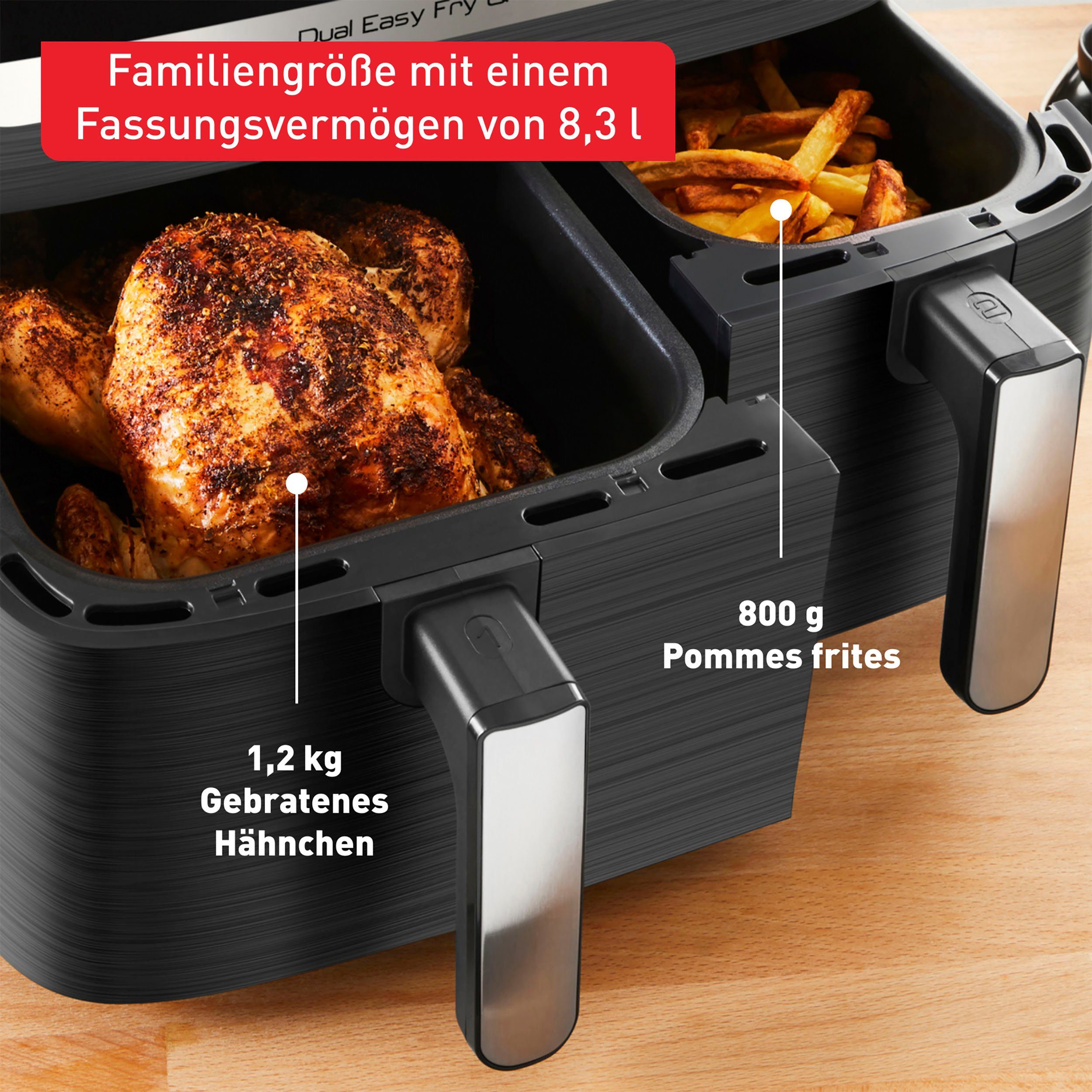 Tefal Heißluftfritteuse EY905B Dual Easy Fry & Grill Doppelkammer, 8,3 L Kapazität, 2 Laden, 2700 W, mit Hamburger Presse