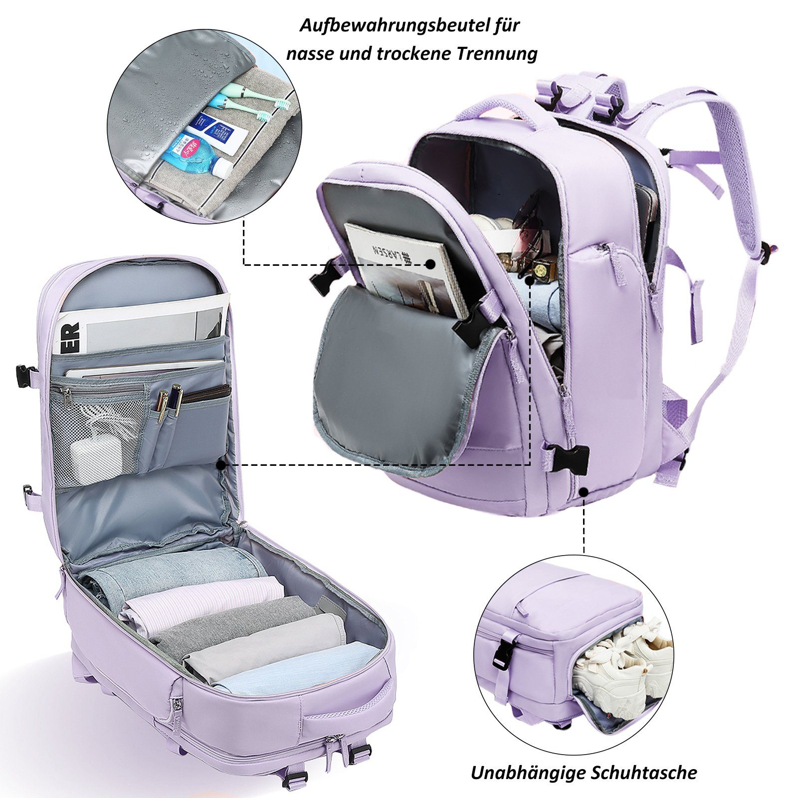TAN.TOMI Reiserucksack 45L Reiserucksack, Handgepäck Rucksack, Lässiger Tagesrucksack, Wasserdichter Reiserucksack mit USB Ladeanschluss Schuhfach