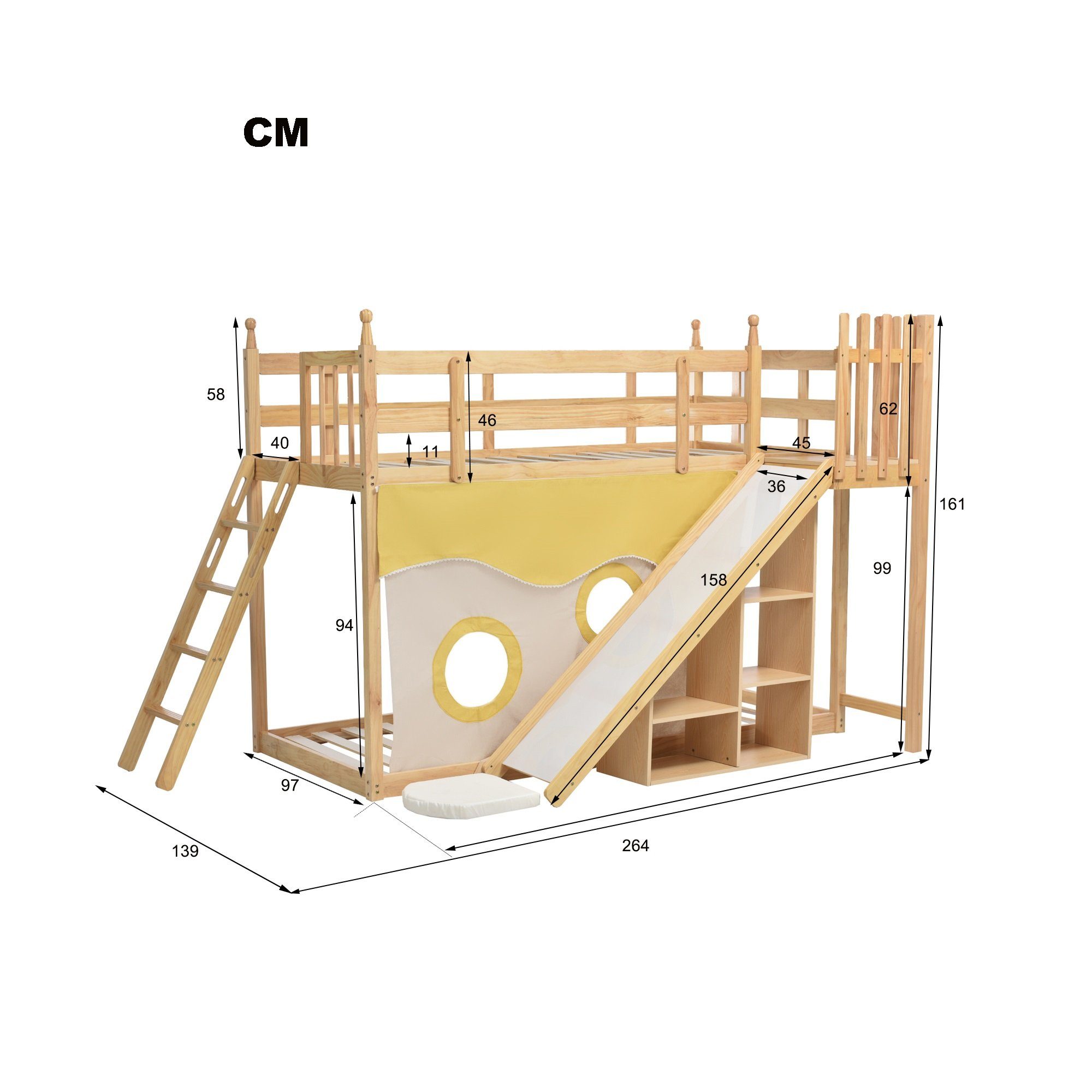 WISHDOR Holzbett Kinderbett, Etagenbett, Bett, Gästebetten, Hausbett 90x200cm (mit Fallschutz und Gitter, Rahmen aus Kiefer, mit Treppe und Zäune, mit Bettvorhang, Rutsche und Regal), Ohne Matratze