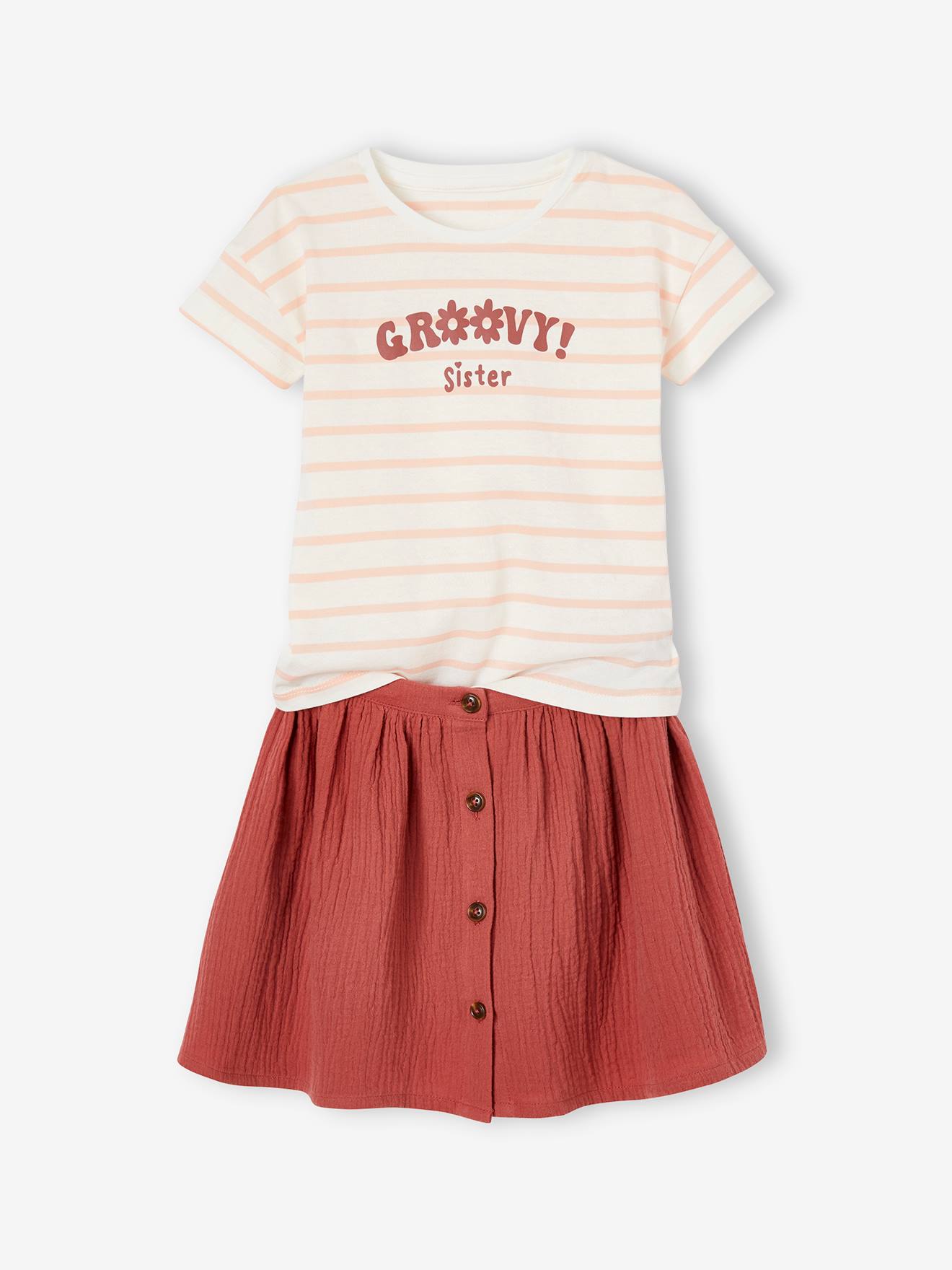 Ensemble tee-shirt et jupe en gaze de coton fille terracotta