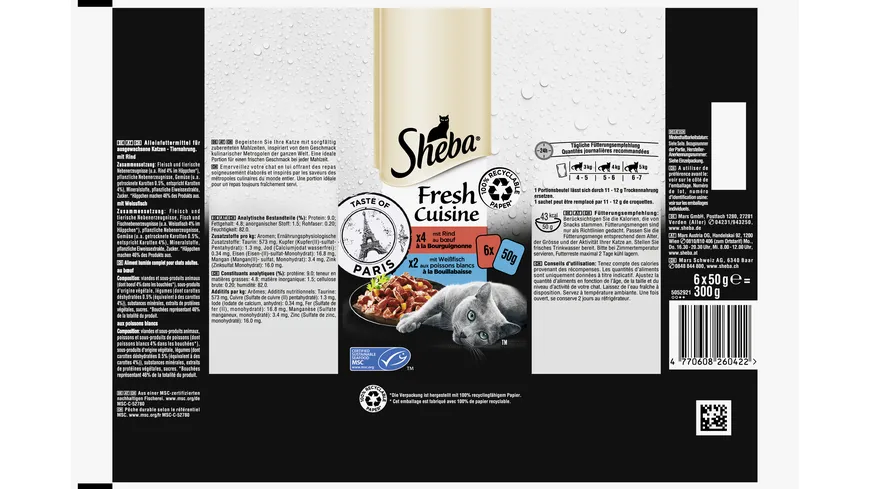 SHEBA® Fresh Cuisine Taste of Paris mit Rind und mit Weißfisch Portionsbeutel 300 g