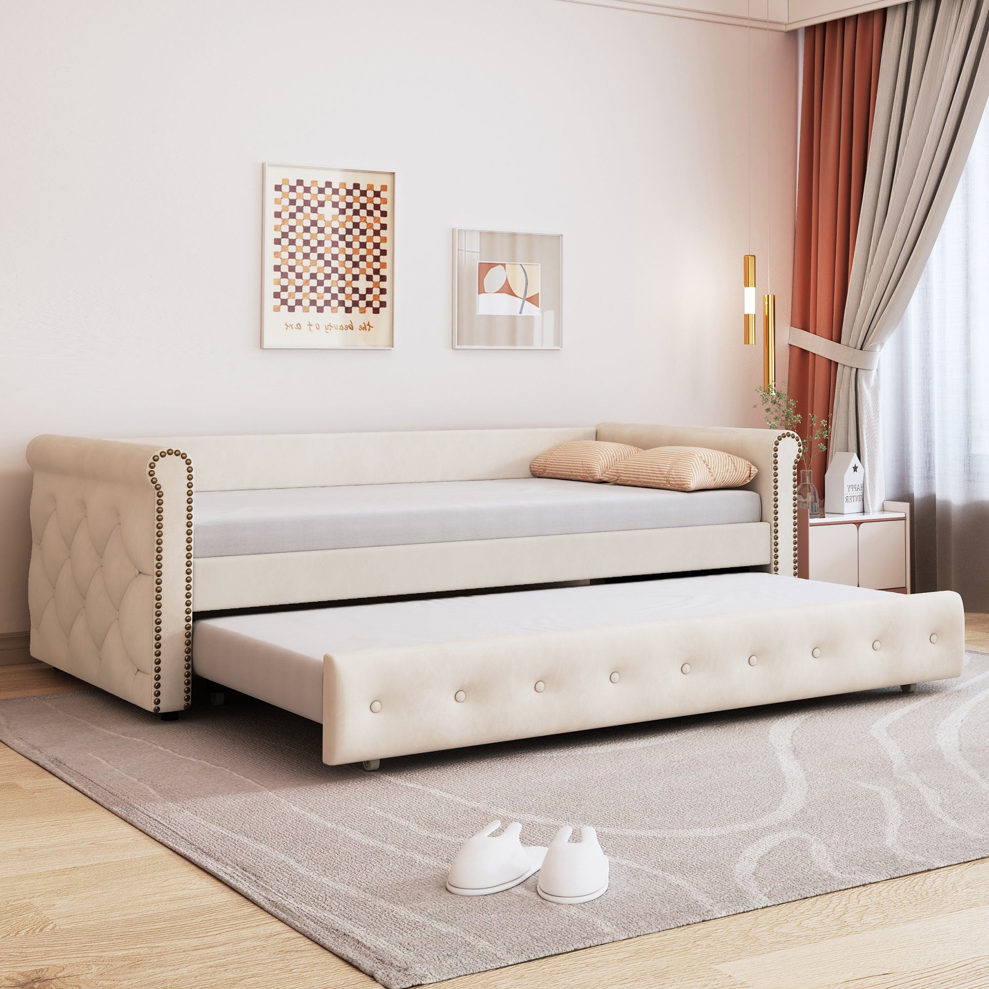 SOFTWEARY Schlafsofa Einzelsofa mit Bettfunktion, Ausziehbett inkl. Lattenrost, 90x200 cm, Einzelbett, Jugendbett aus Holz, Bezug aus Samt