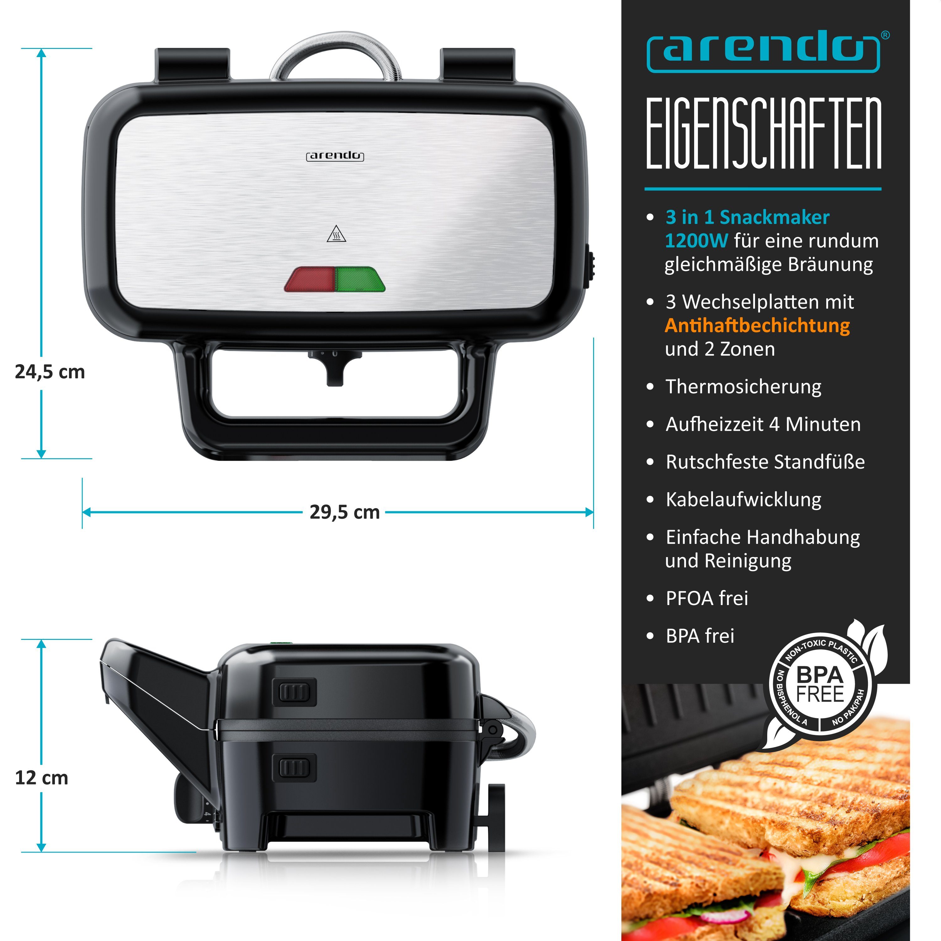 Arendo 3-in-1-Sandwichmaker, Waffeleisen & Kontaktgrill, Antihaftbeschichtete abnehmbare Platten