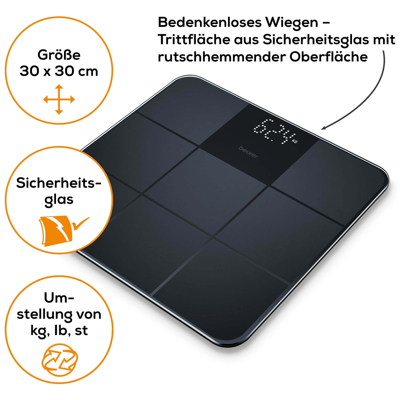 Beurer Glaswaage - GS 235-Personenwaage aus Glas mit Silikonoberfläche & unsichtbarem Magic-Display - bis 180 kg
