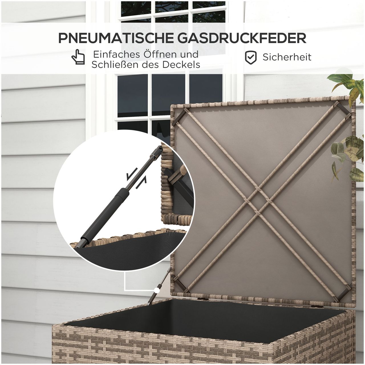 Outsunny Polyrattan Auflagenbox, Kissenbox mit Deckel, Hubautomatik, Sand
