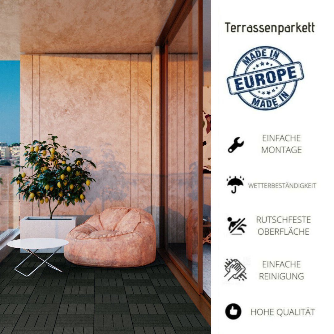 nm_trade Terrassenplatte Balkonfliesen Terrassenfliesen Klickfliese Außenfliese 8 Stück 30x30cm, Schwarz, Witterungsbeständig Rutschfeste Oberfläche Leicht zu reinigen