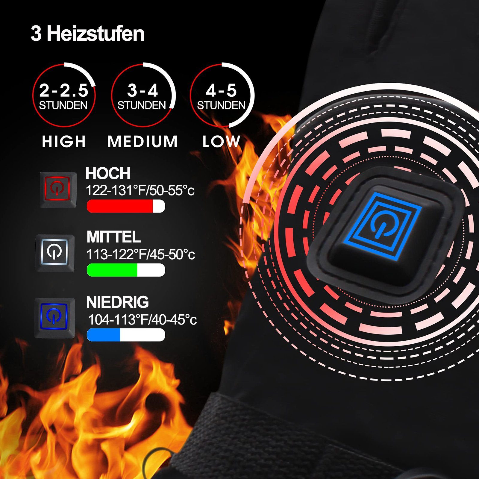 Rosnek Elektriker-Handschuhe Beheizt, 3 Stufen, wasserdicht, für Jagd Wandern Ski Winterarbeit (1 Paar) Touchscreen, Batterie