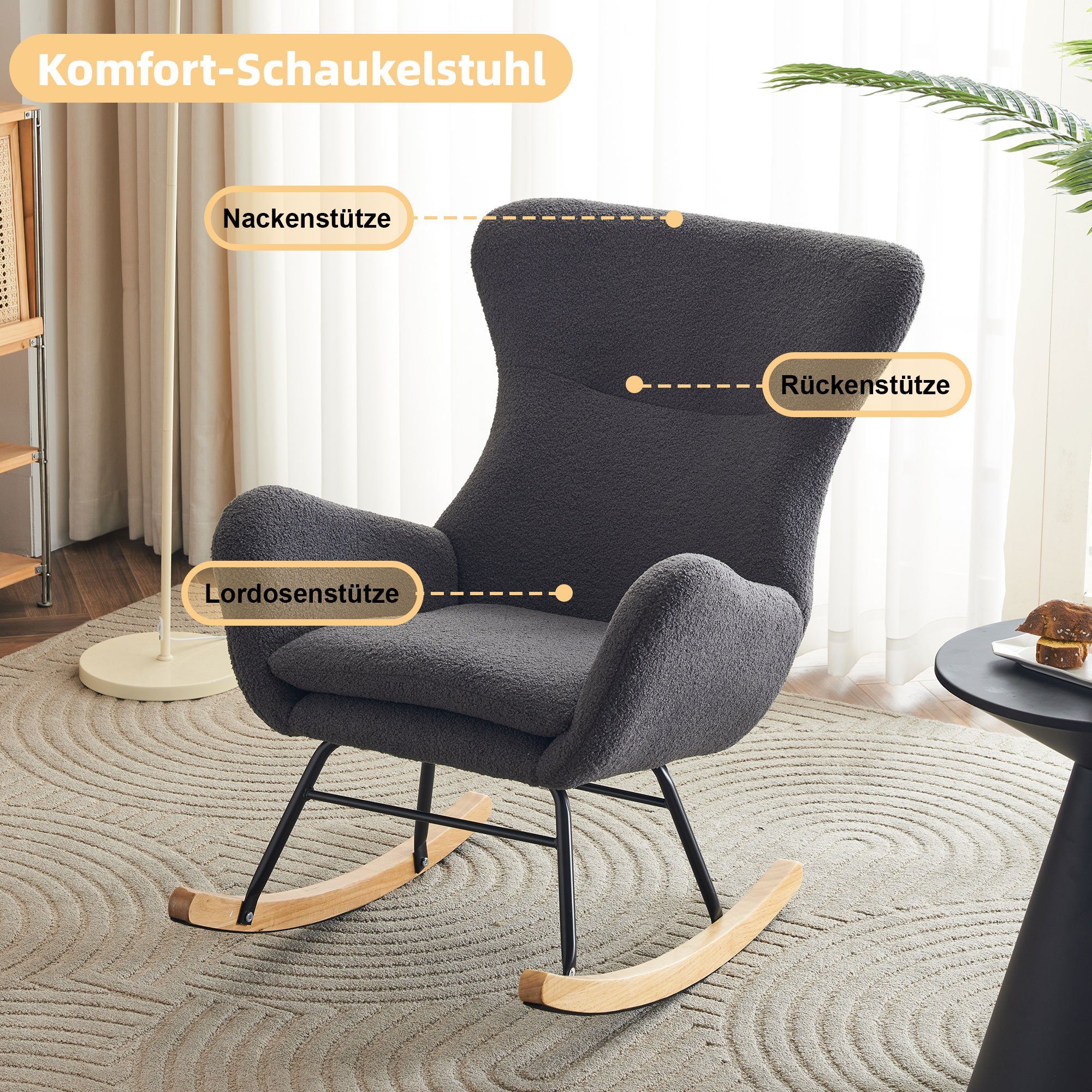 WISHDOR Schaukelstuhl Freizeitstuhl Schaukelsessel, Relaxstuhl Relaxsessel (Einzelsofastuhl, Mutterstuhl, Kinderzimmerstuhl), mit hoher Rückenlehne, Teddy-Samt-Schaukelstuhl