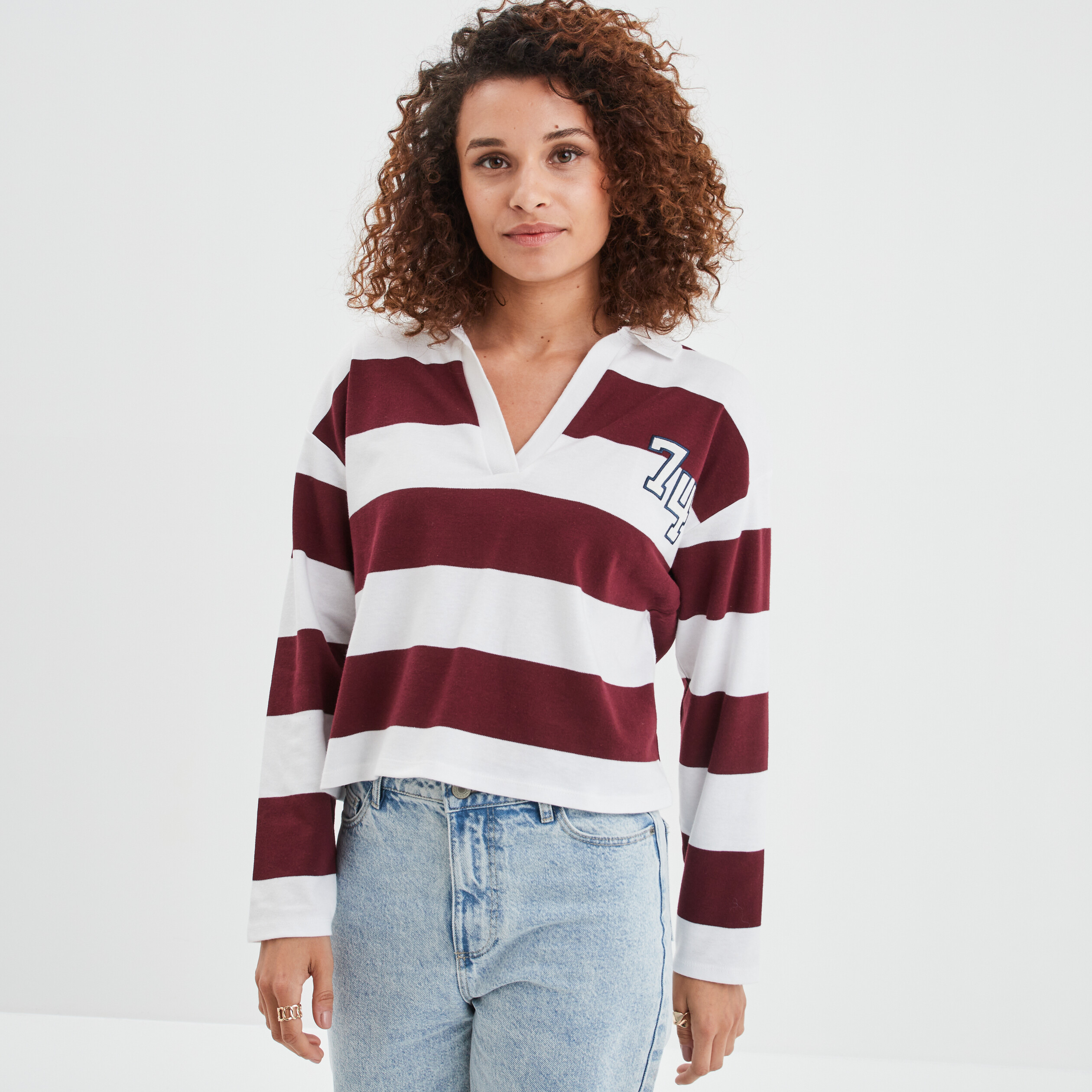 T-shirt col en V manches longues Creeks bordeaux femme | La Halle