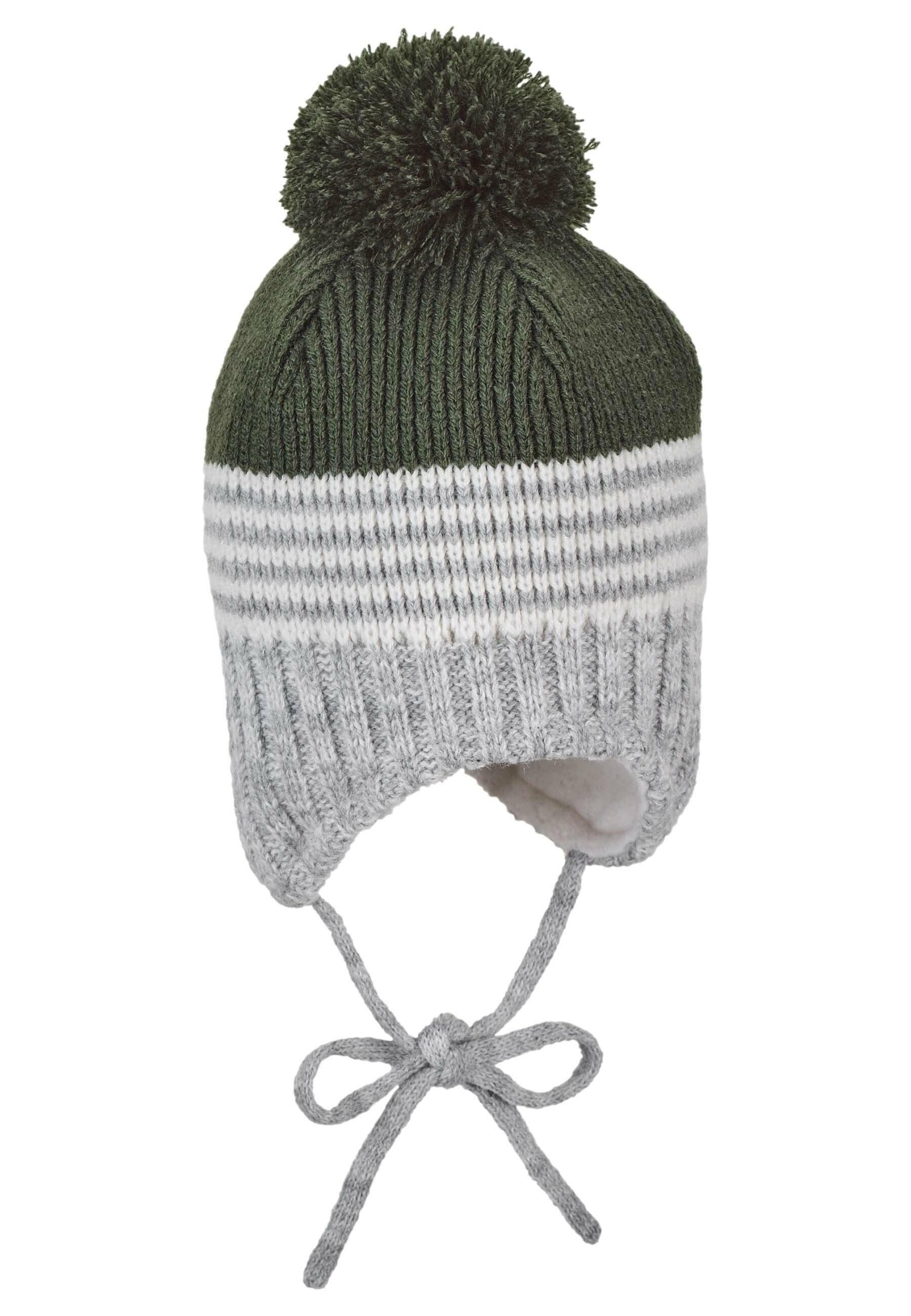 Strickmütze im Mustermix mit Bommel und Bindeband