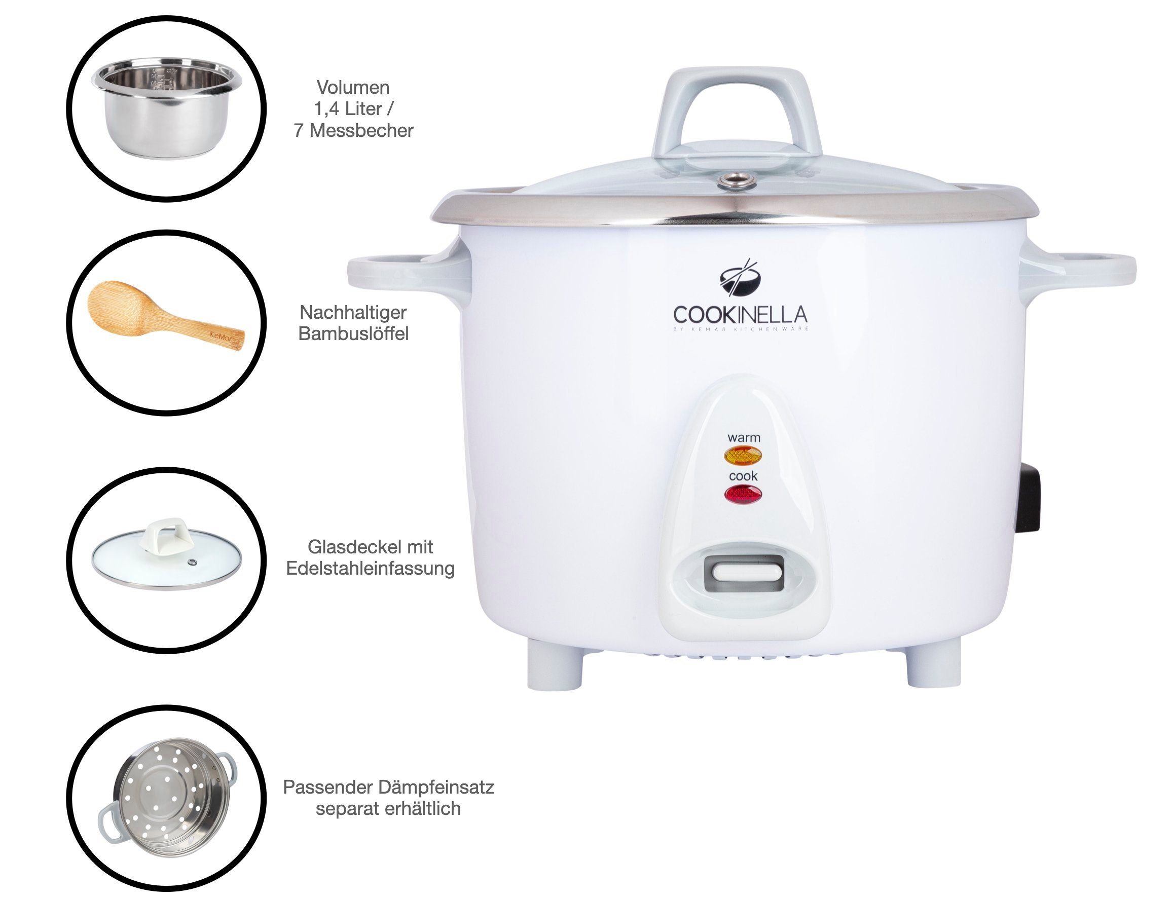 KeMar Kitchenware Reiskocher KRC-200, 500 W, Innentopf aus Edelstahl, Glasdeckel, Bambuslöffel