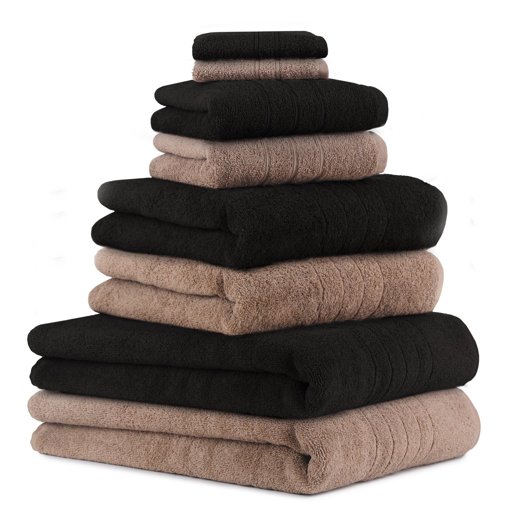 Betz Handtuch Set 8-TLG. Handtuch-Set Deluxe 100% Baumwolle 2 Badetücher 2 Duschtücher 2 Handtücher 2 Seiftücher Farbe Mokka und schwarz, 100% Baumwolle, (8-tlg)