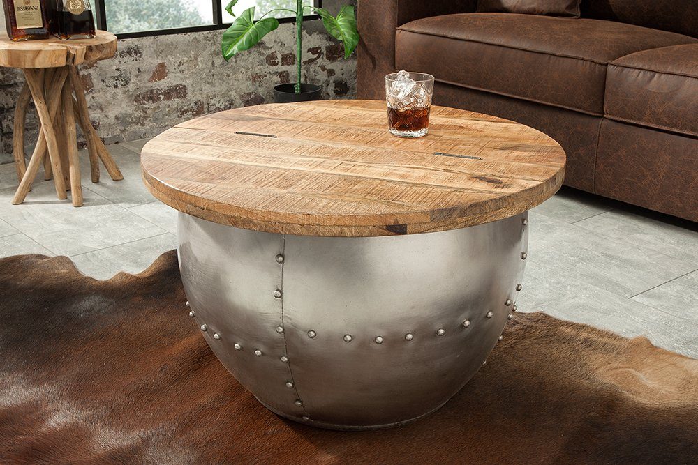 riess-ambiente Couchtisch DRUMP STORAGE Ø70cm natur / silber (Einzelartikel, 1-St), Wohnzimmer · Massivholz · rund · Metall · mit Stauraum · Industrial