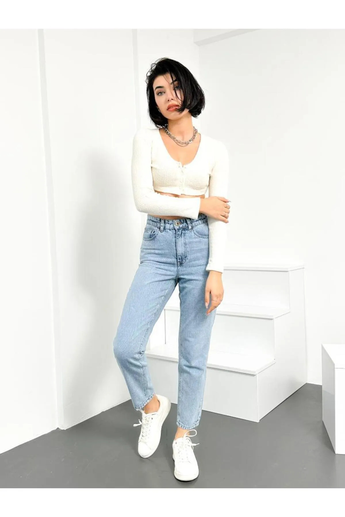 HLT JEANS  Blue Snow Damen-Mom-Jeans mit hoher Taille, Lycra-frei, Denim-Hose aus 100 % Baumwolle, Anna-Modell