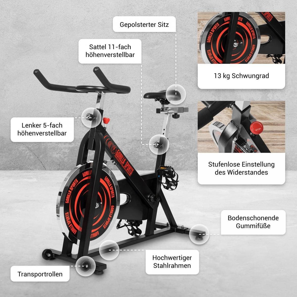 GORILLA SPORTS Heimtrainer 13kg Schwungrad, Verstellbar - Indoor Fahrrad, Fitnessbike, Speedbike (1-tlg)