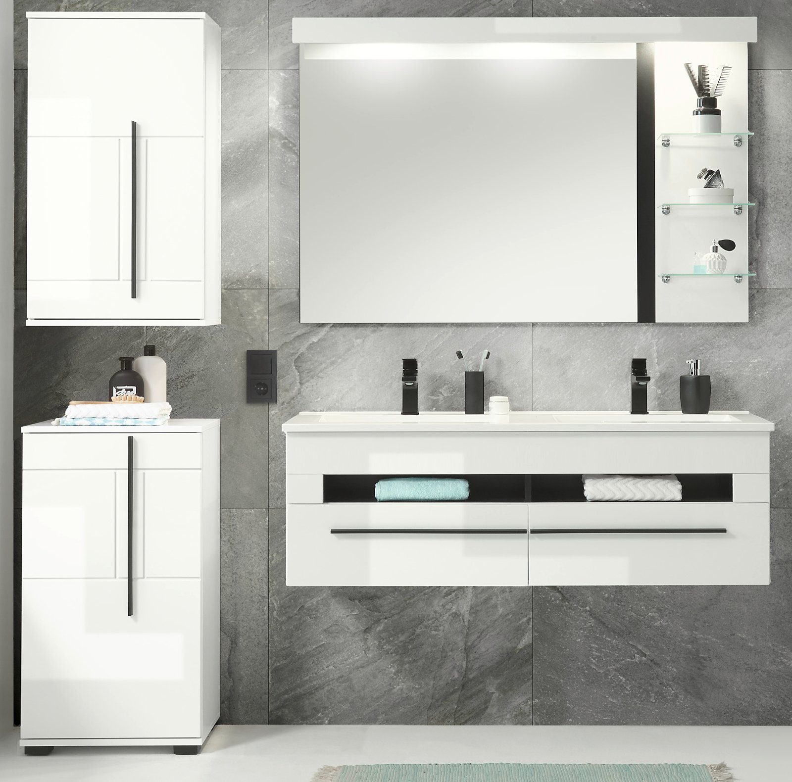 Furn.Design Badmöbel-Set Design-D, (Komplett-Set in weiß Hochglanz, mit Doppelwaschtisch), inkl. Waschbecken und Beleuchtung