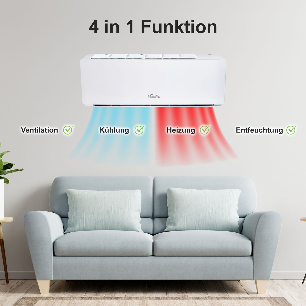 TroniTechnik Reykir Split Klimagerät Klimaanlage mit 9000 BTU, inkl. Zubehör und UV-C Reinigung