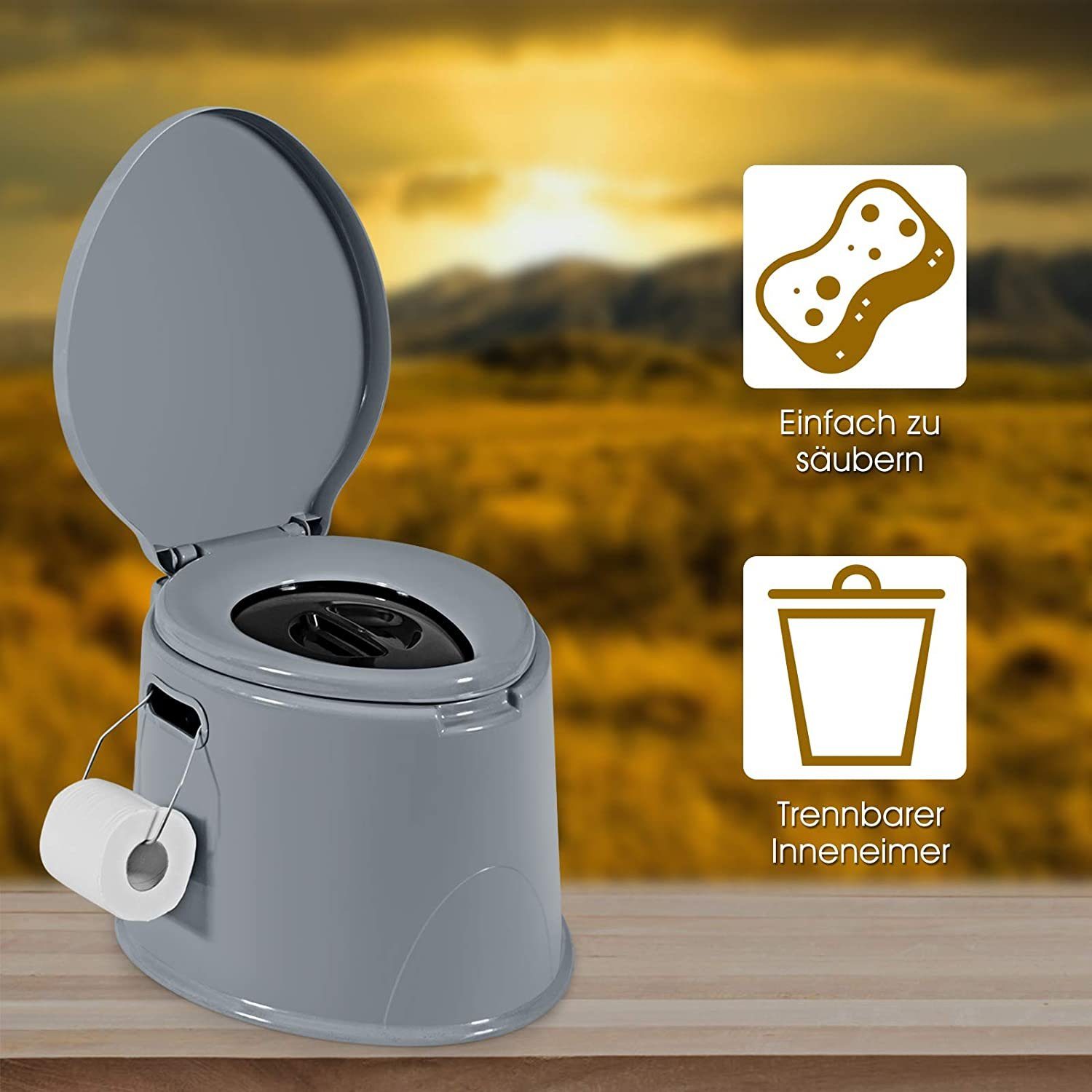 KOMFOTTEU Campingtoilette, mit Toilettenpapierhalter, Deckel & abnehmbare Eimer