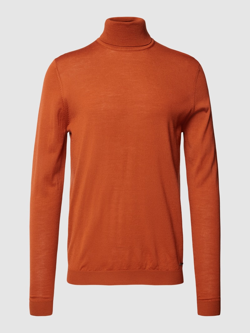Rollkragenpullover aus Schurwolle mit gerippten Abschlüssen in orange
