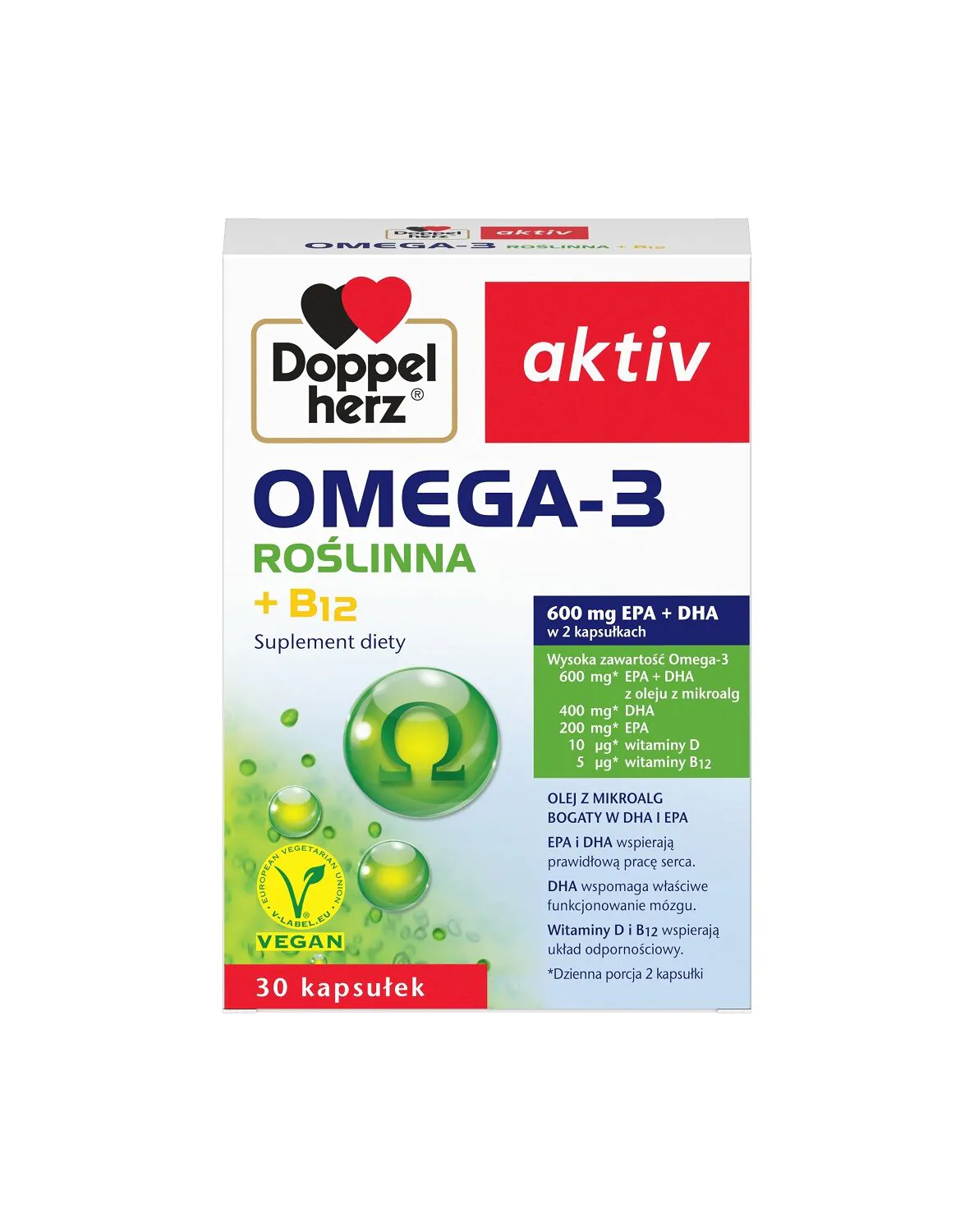 Doppelherz Aktiv Omega-3 plantebaseret kosttilskud med mikroalgeoliekapsler