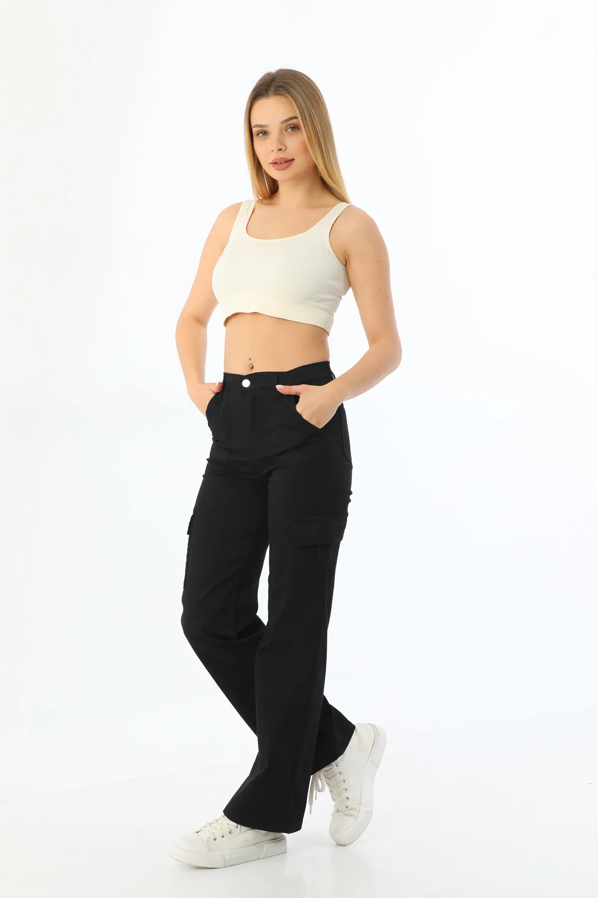 BİKELİFE  Schwarze Lycra-Hose mit hoher Taille und weitem Bein und Cargotaschen