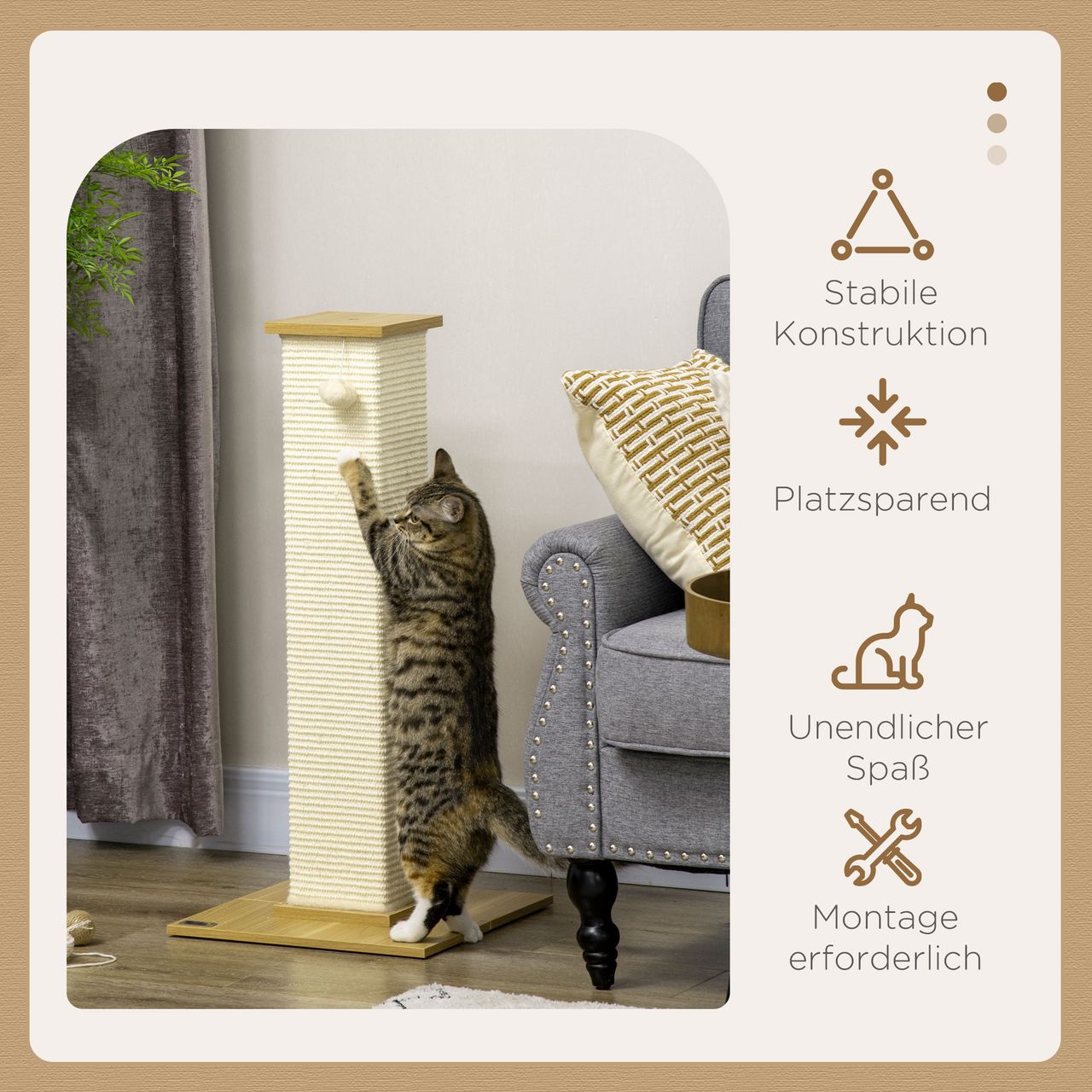 PawHut Kratzbaum, 80 cm, Kratzpsäule aus Sisalseil, Kratzstamm für Katzen, Eiche