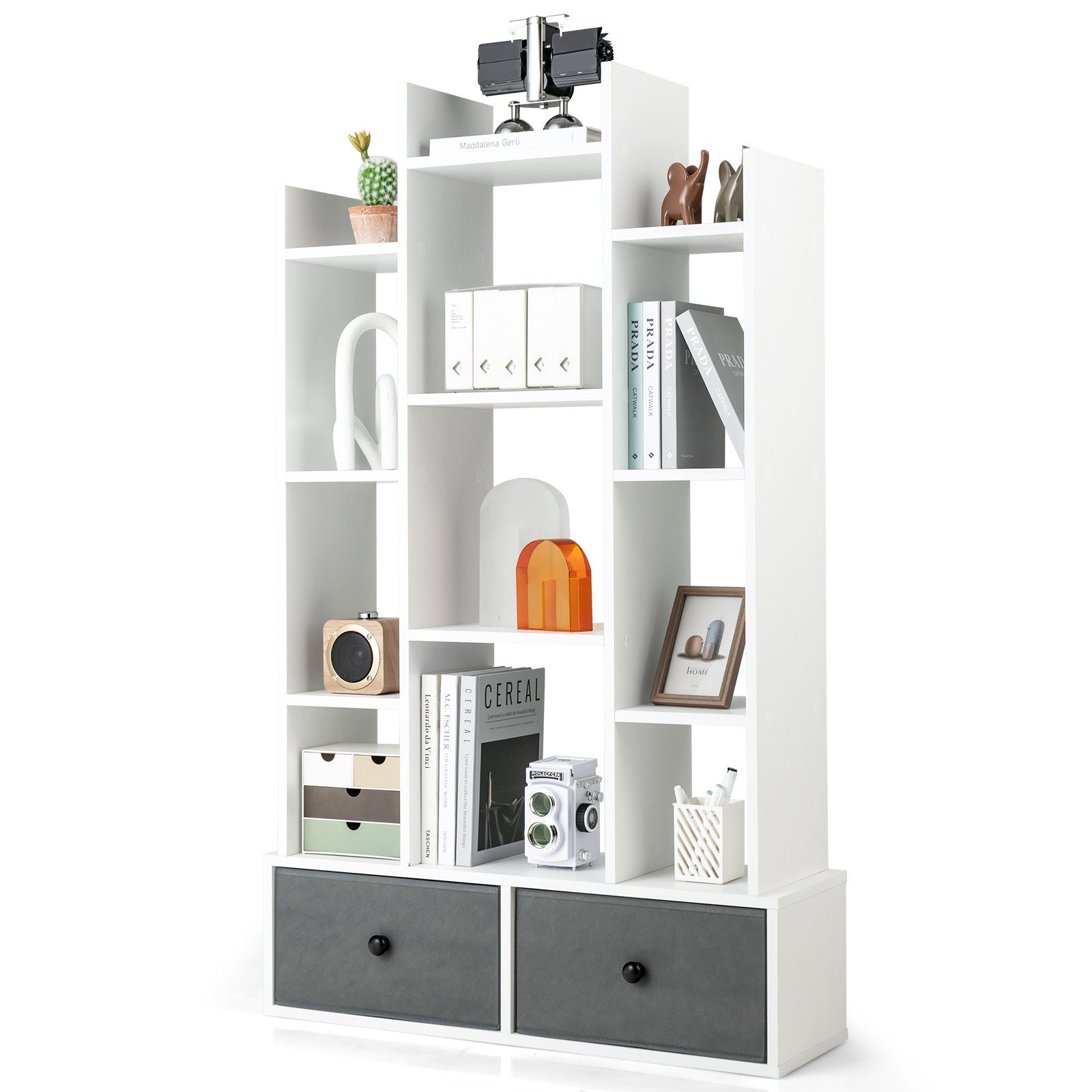 COSTWAY Bücherregal, Standregal mit 12 Fächern und 2 Schublade, 53x24x118cm