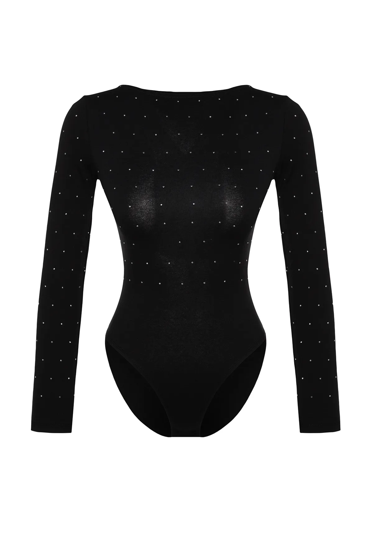 Trendyol Collection  Schwarzer, langärmliger Stretch-Strickbody aus Baumwolle mit Steindruck und Druckknopf TWOAW24BD00059